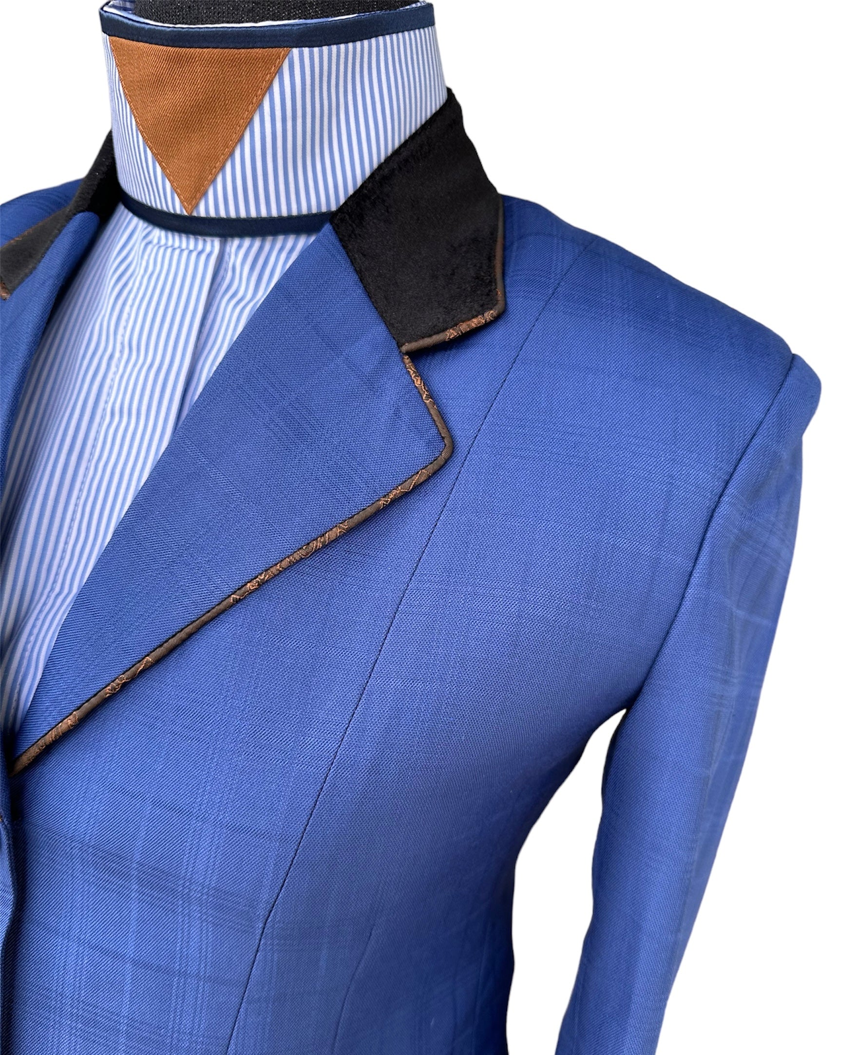 English Show Coat Blue Self Plaid with Bronze Paisley and Black Velvet Accents