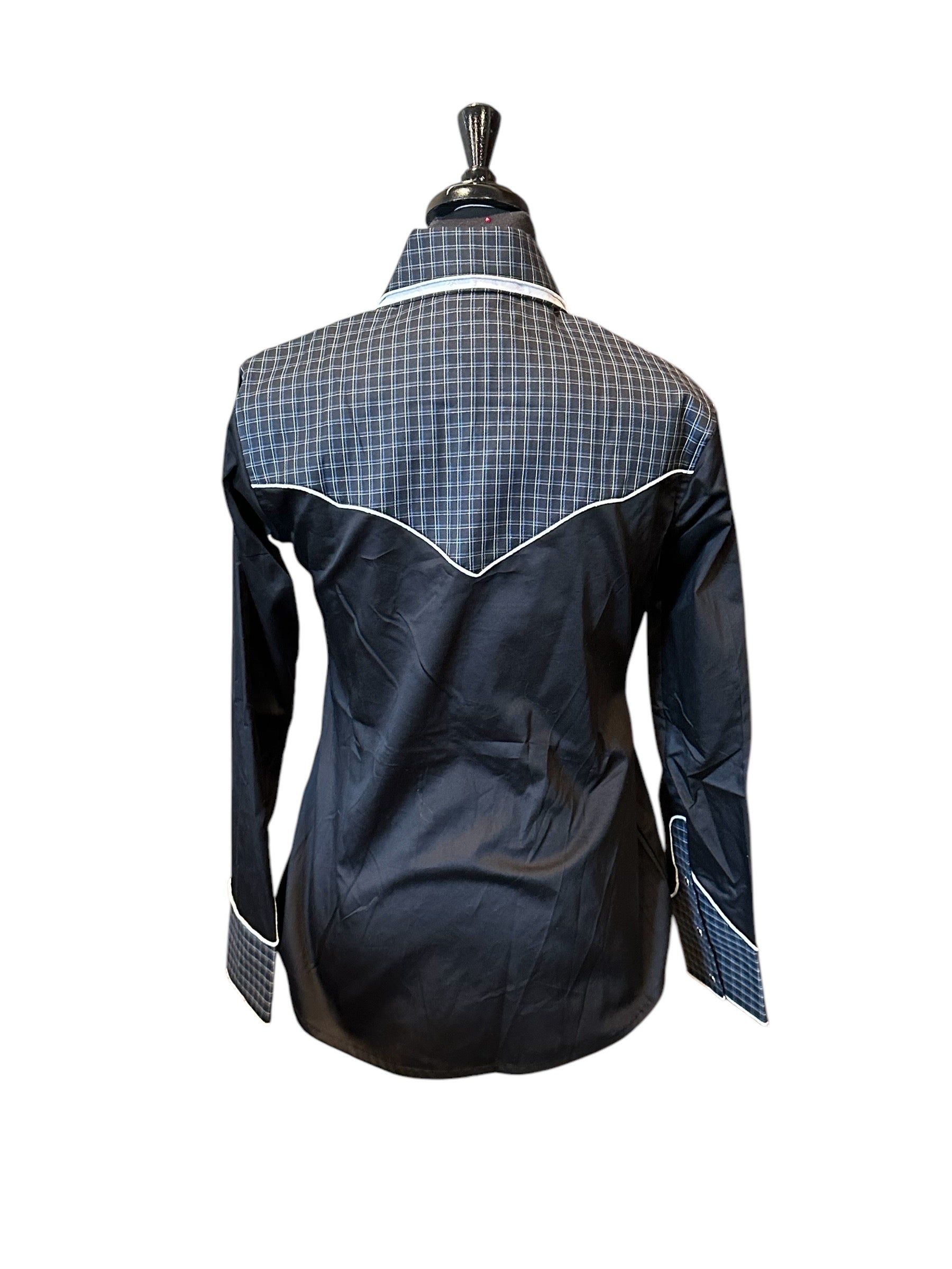 Western Ranch Shirt Black White and Navy Plaid with Snaps