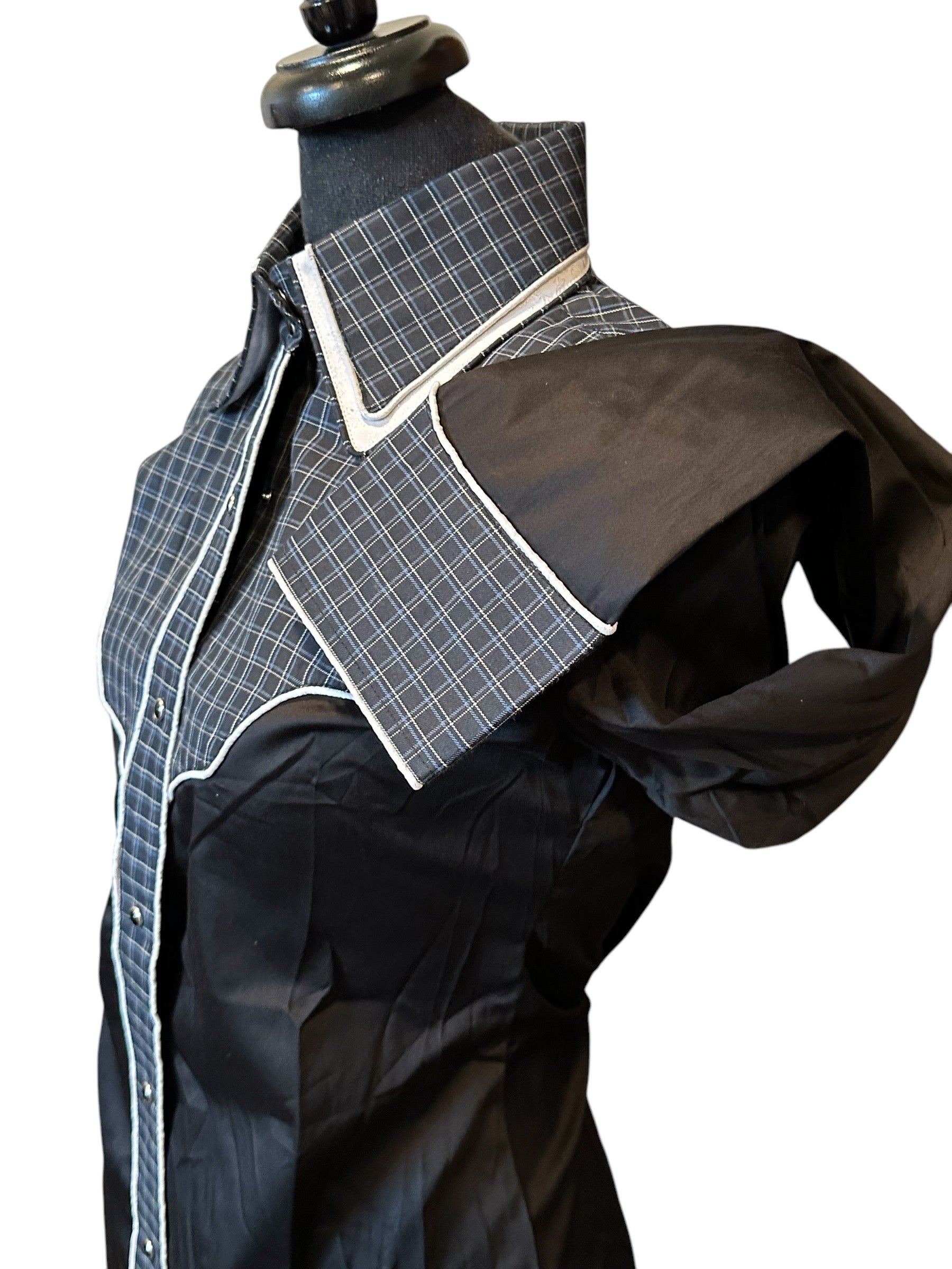 Western Ranch Shirt Black White and Navy Plaid with Snaps