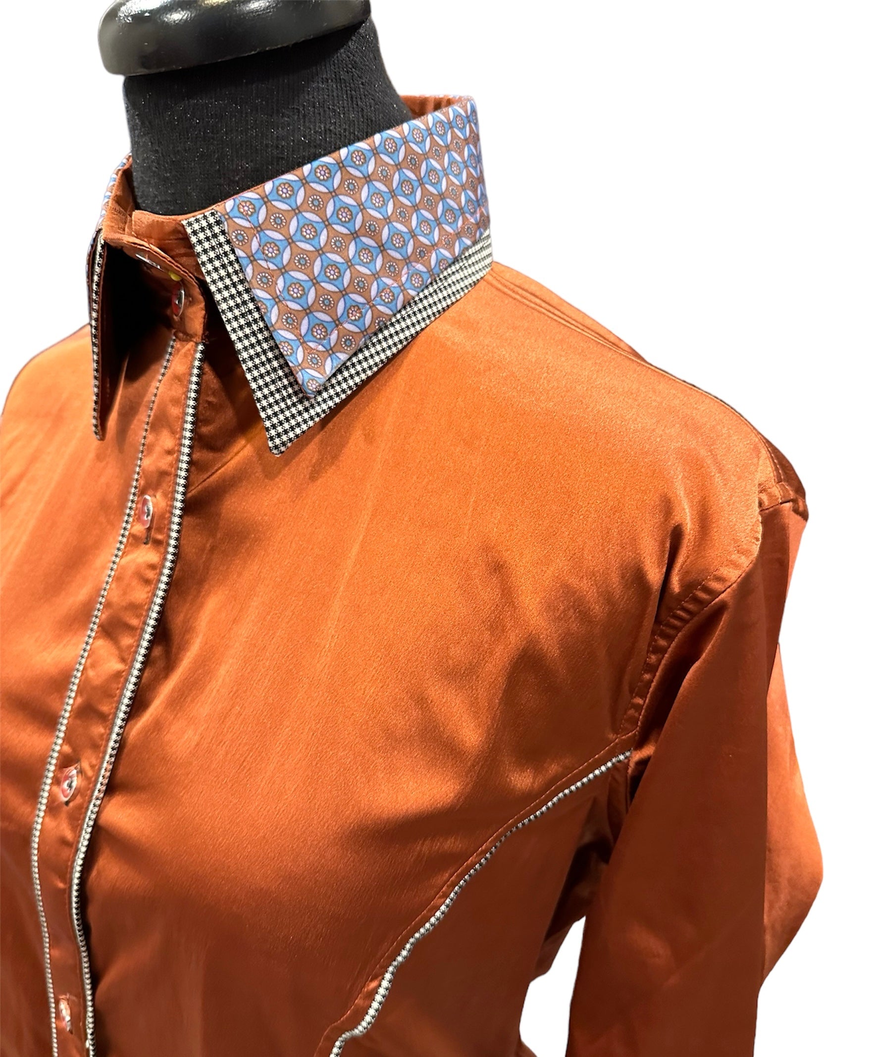 Stretch Satin Western Shirt Rust with Plaid and Print Design