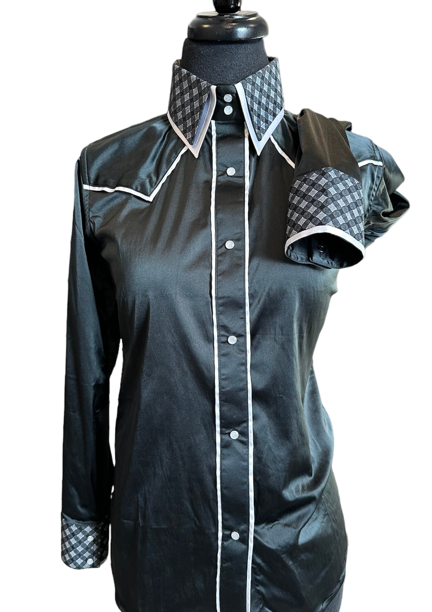 Stretch Satin Ranch Shirt Black and White with Plaid Accents