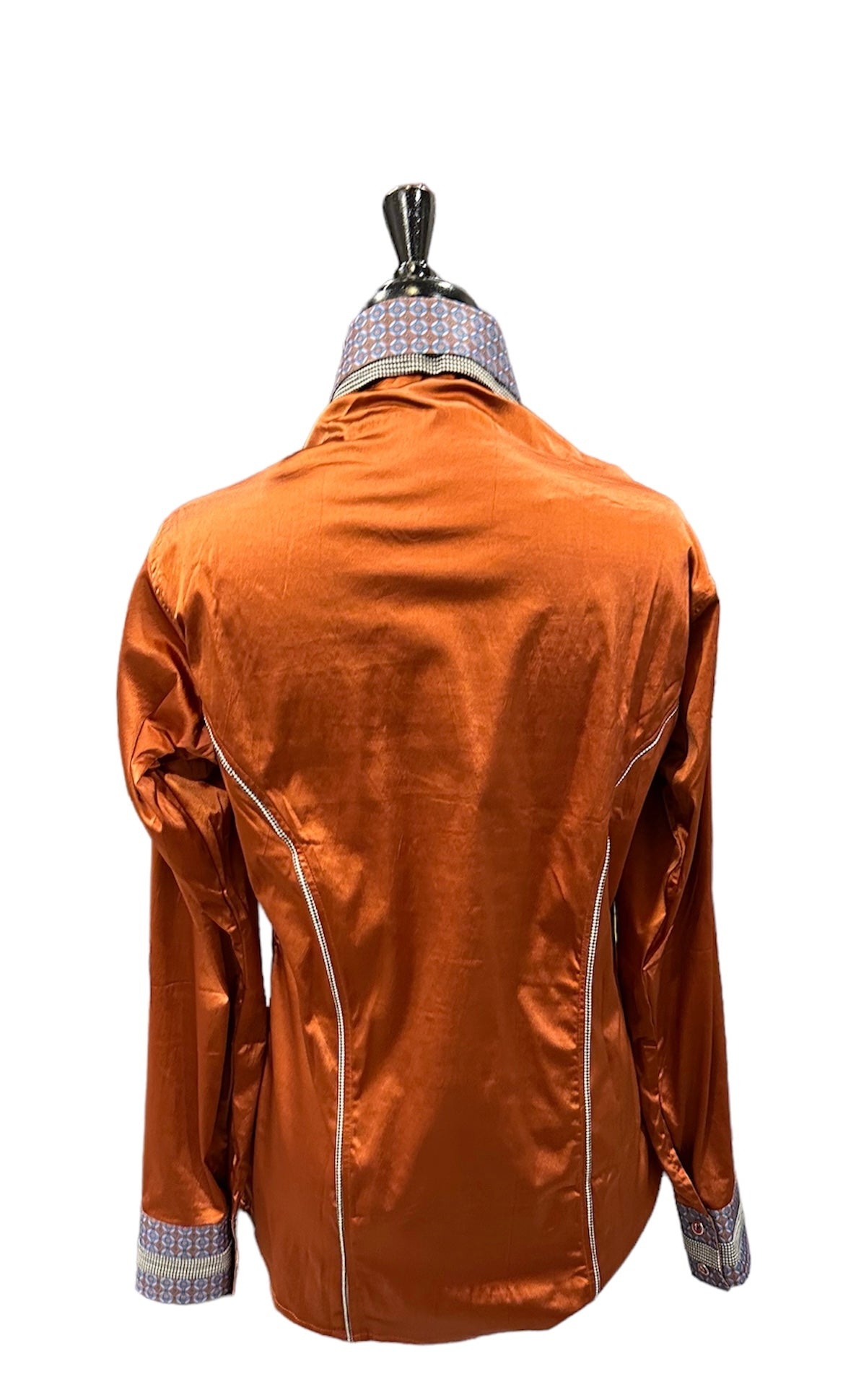 Stretch Satin Western Shirt Rust with Plaid and Print Design