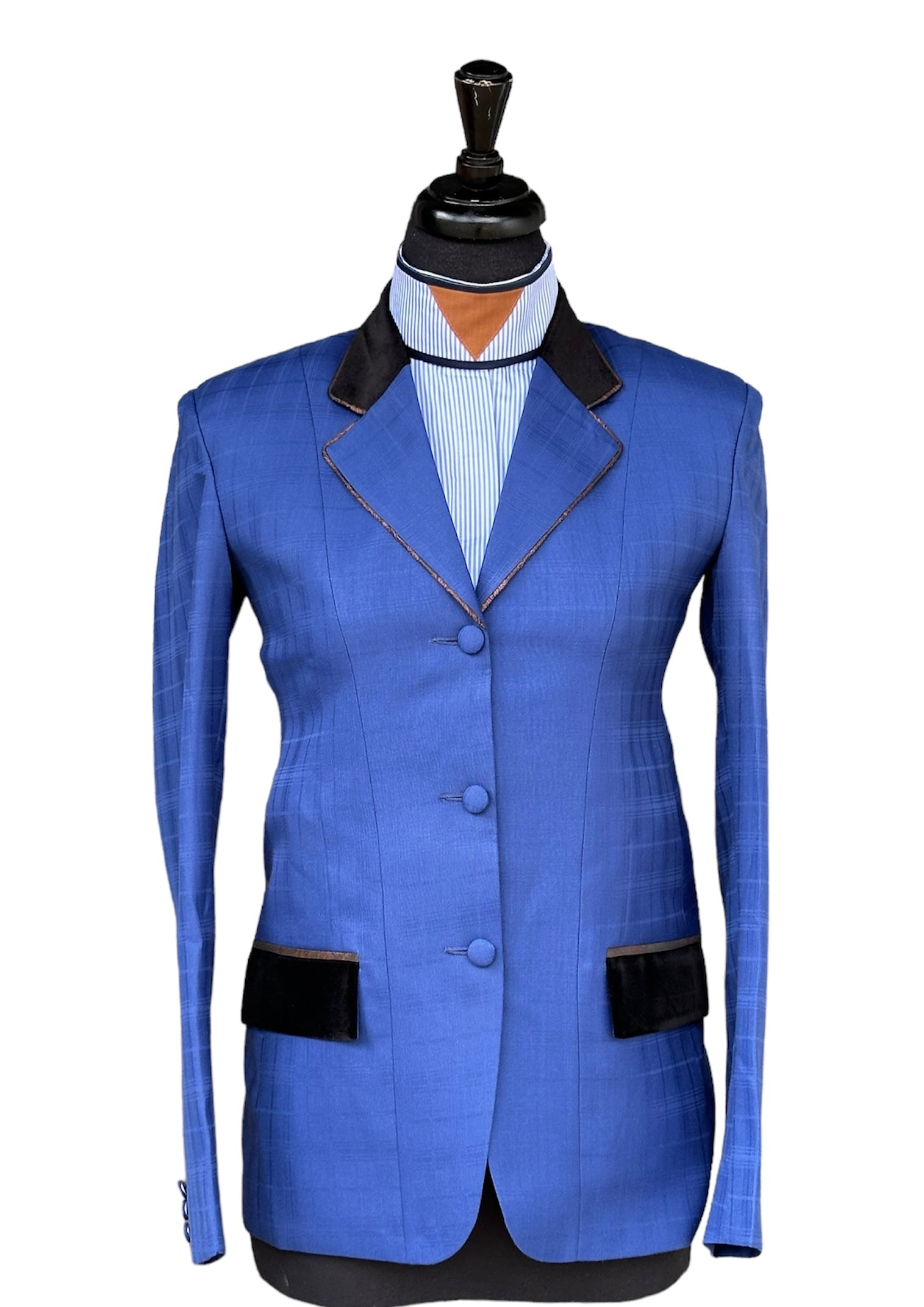 English Show Coat Blue Self Plaid with Bronze Paisley and Black Velvet Accents