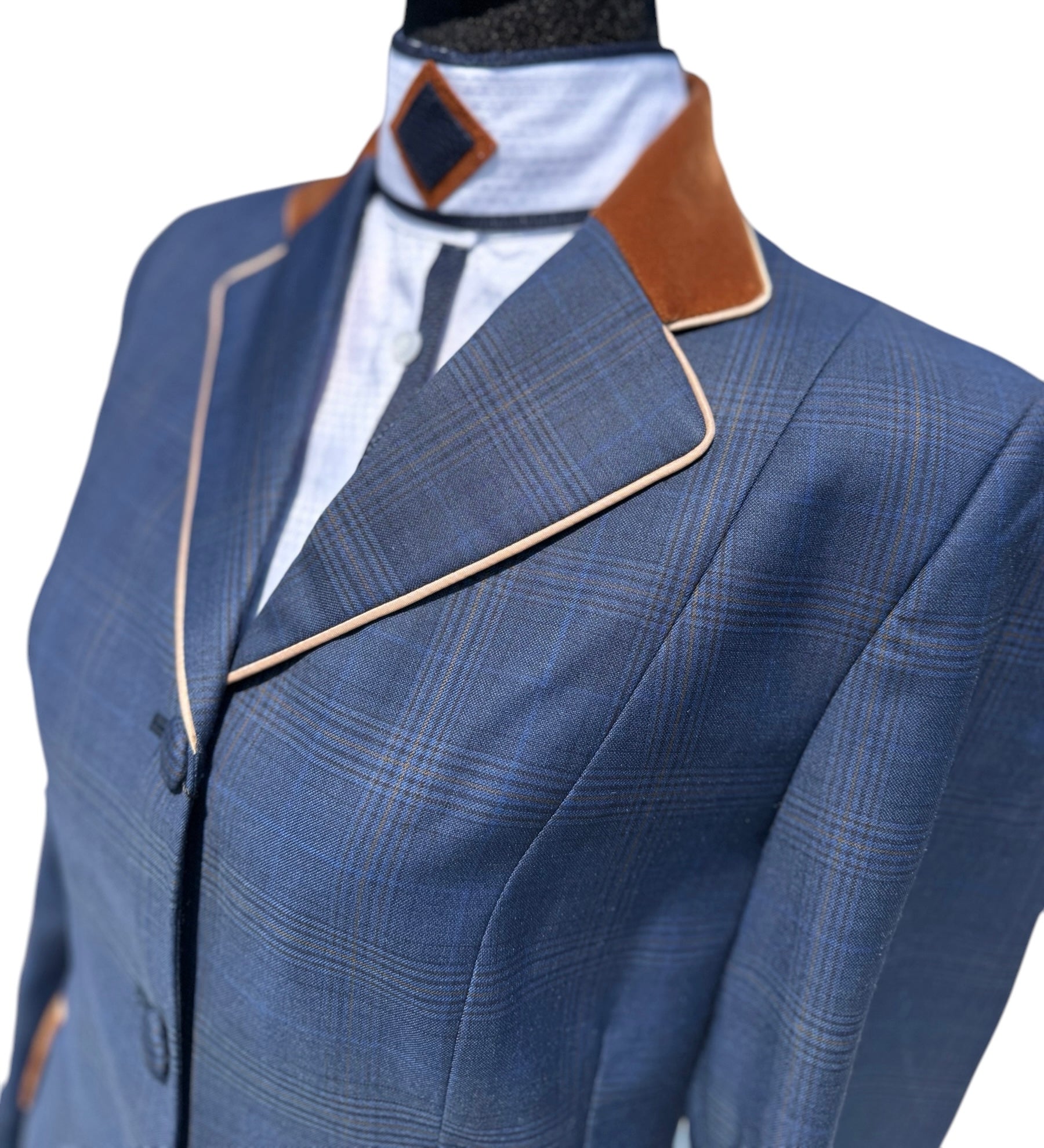 English Show Coat Blue and Tan Plaid Fabric Code 4895