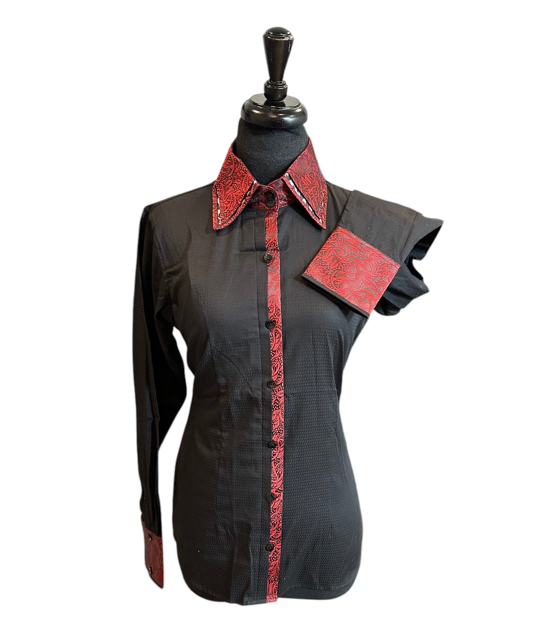 Western Button Up Black with Red Silk Accents