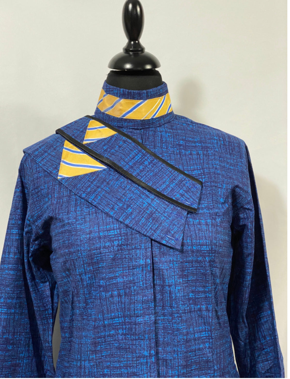 English Show Shirt Navy And Blue Swirl with Yellow Accents Fabric Code R1923