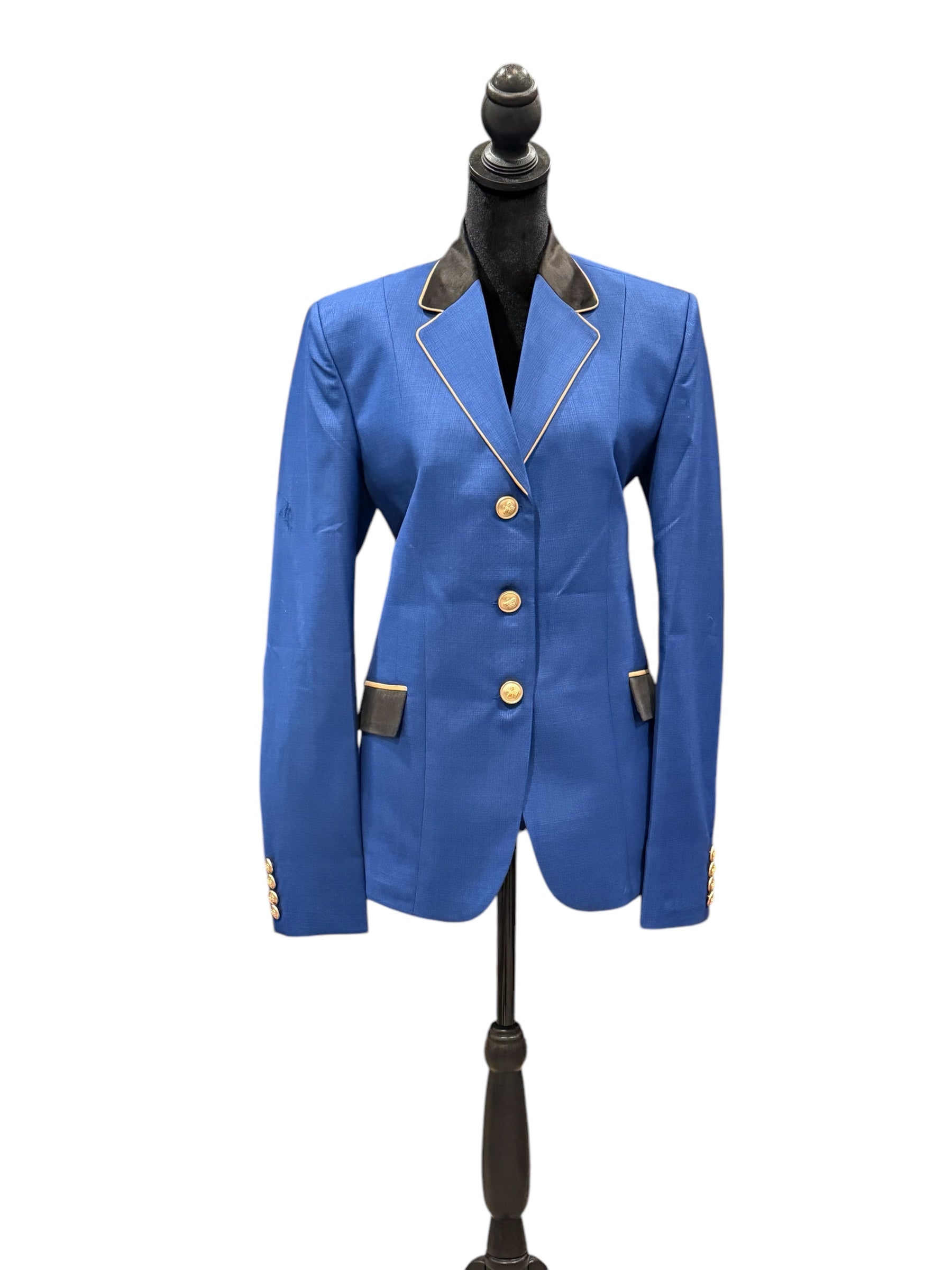 English Show Coat Blue with Black Plaid Gold Accents Fabric Code INDMAR3