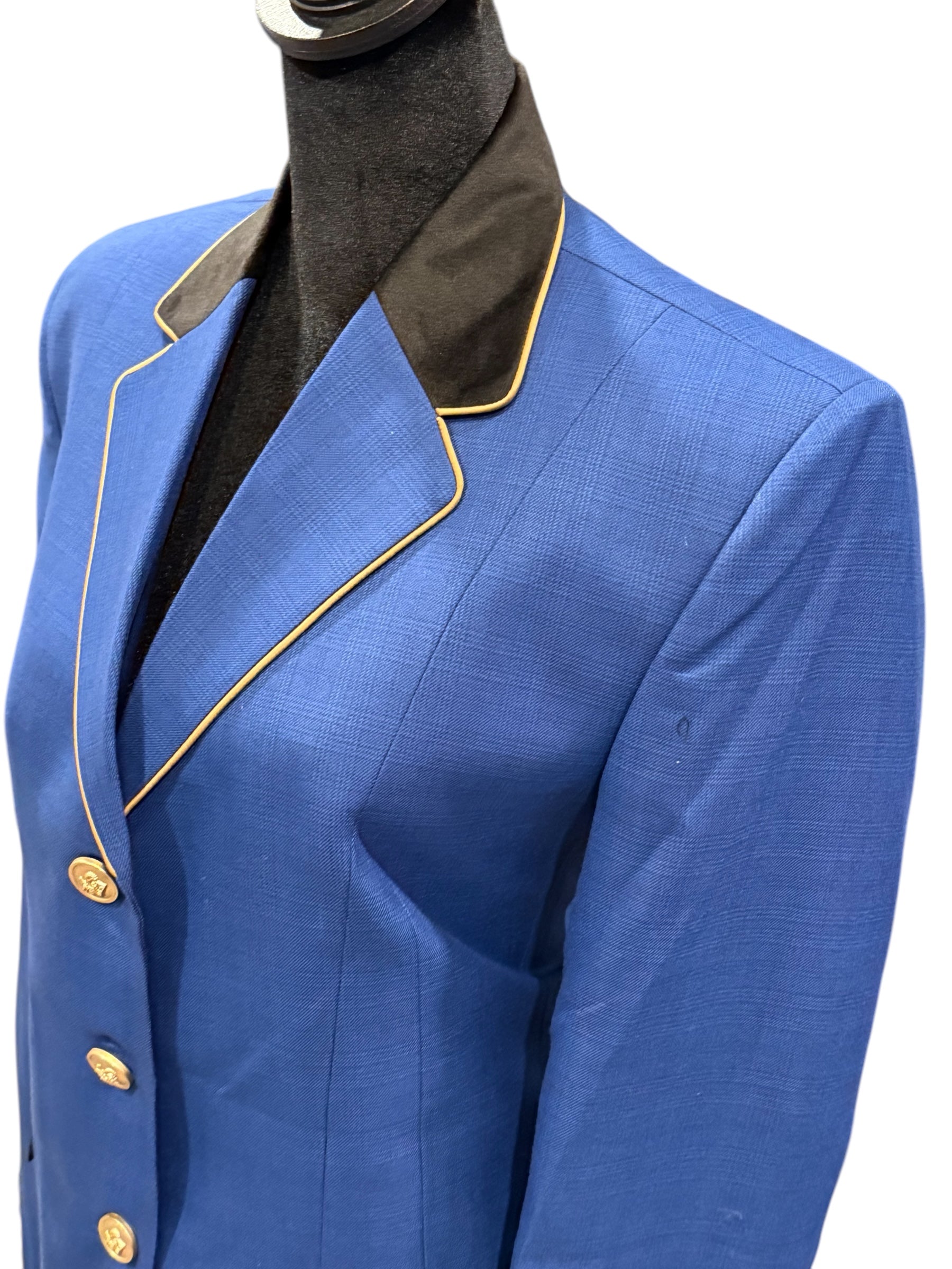 English Show Coat Blue with Black Plaid Gold Accents Fabric Code INDMAR3