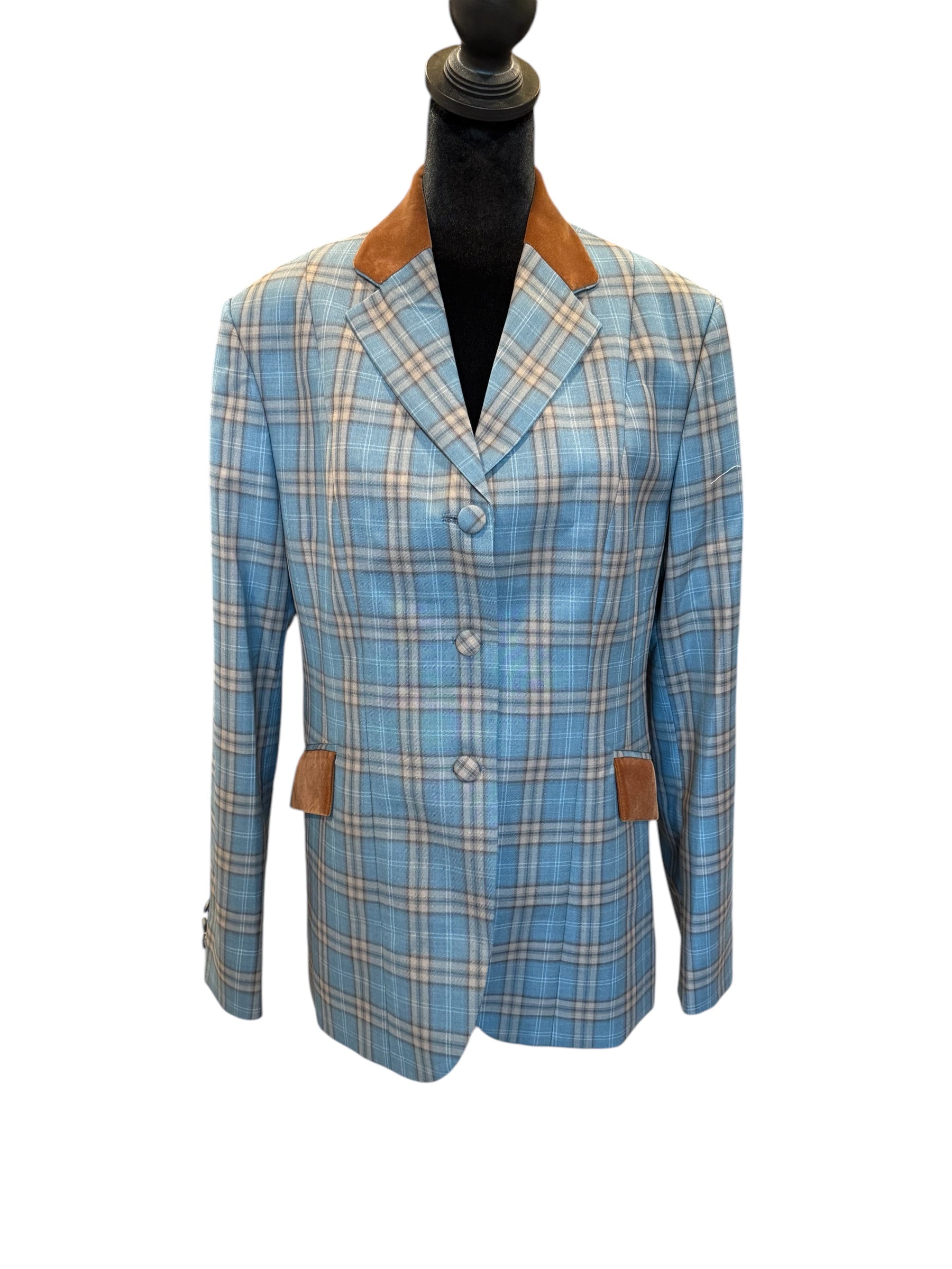 English Show Coat Teal Blue with Tan Plaid and Tan Velvet Fabric Code CAR701078