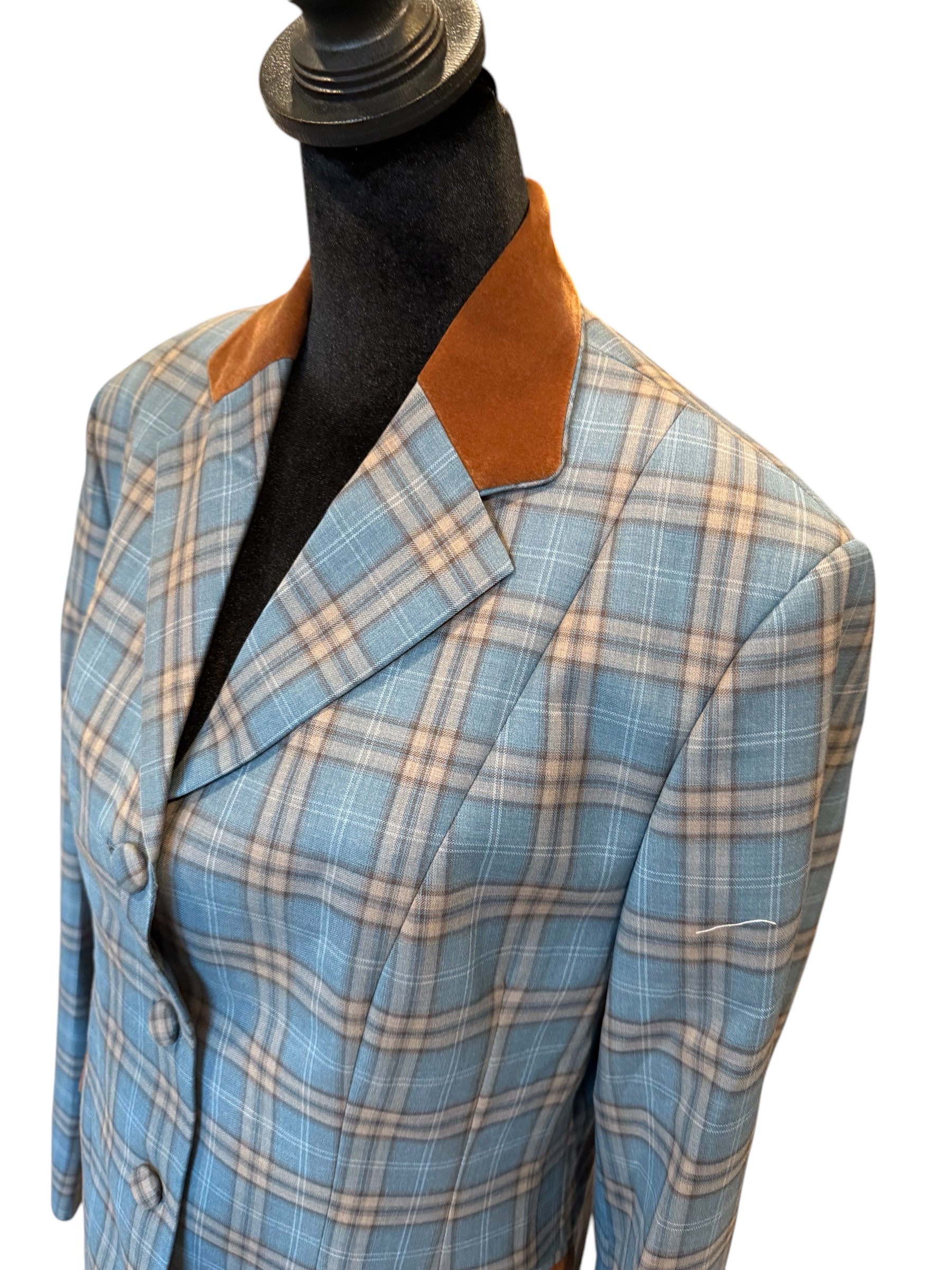English Show Coat Teal Blue with Tan Plaid and Tan Velvet Fabric Code CAR701078