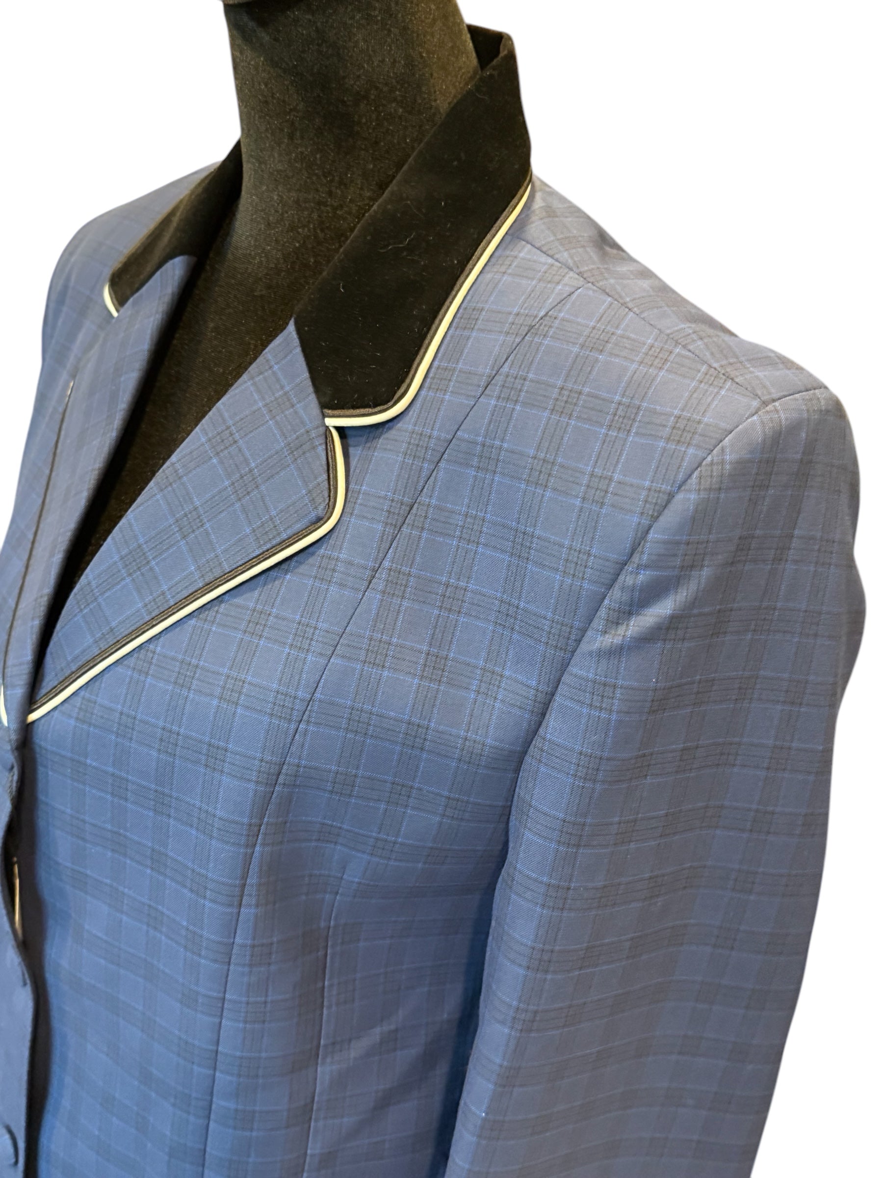 English Show Coat Blue Plaid with black and white accents. Double Pipe!