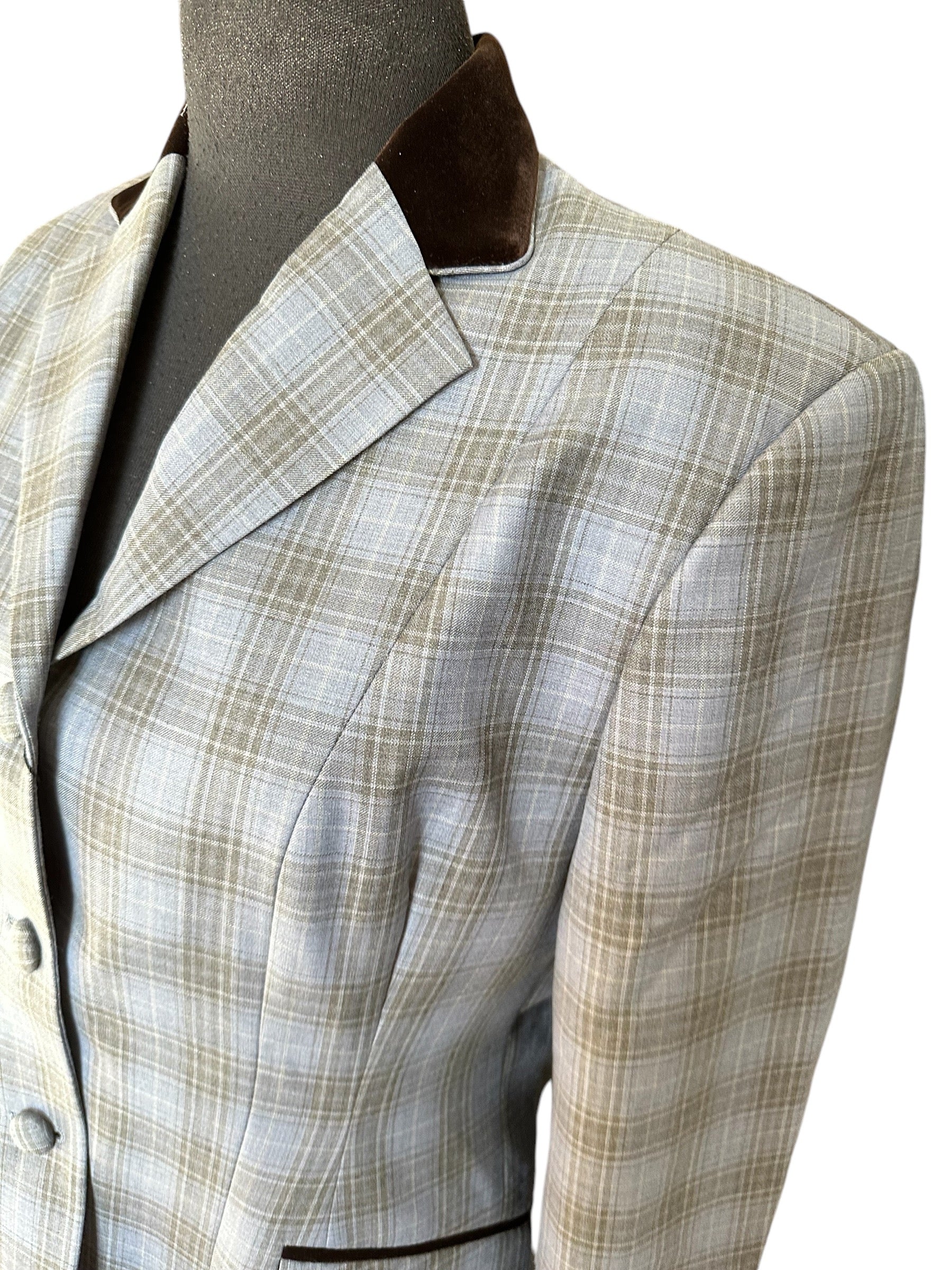English Show Coat Light Blue and Brown Plaid Fabric Code CAR701022