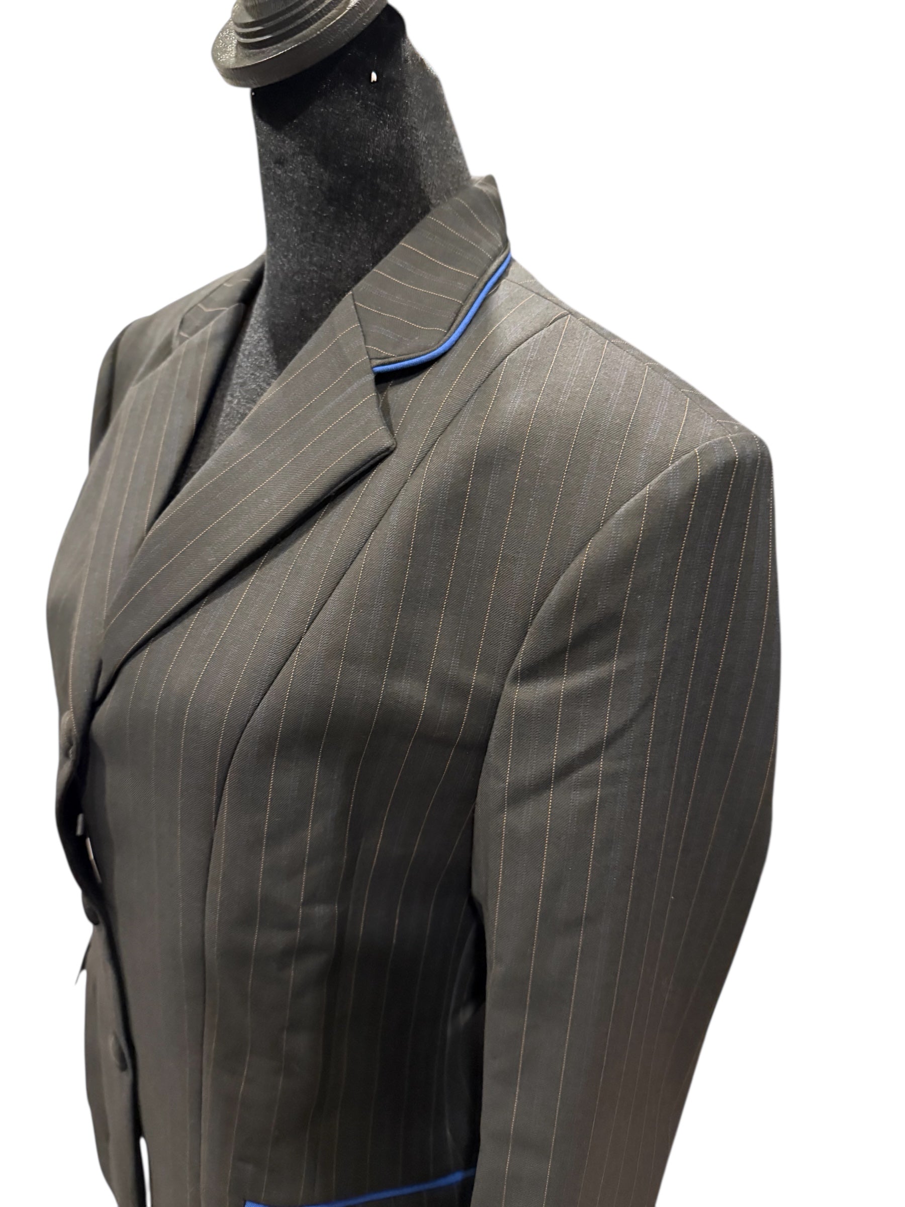 English Show Coat Black With Royal and Tobacco stripes Fabric Code T82