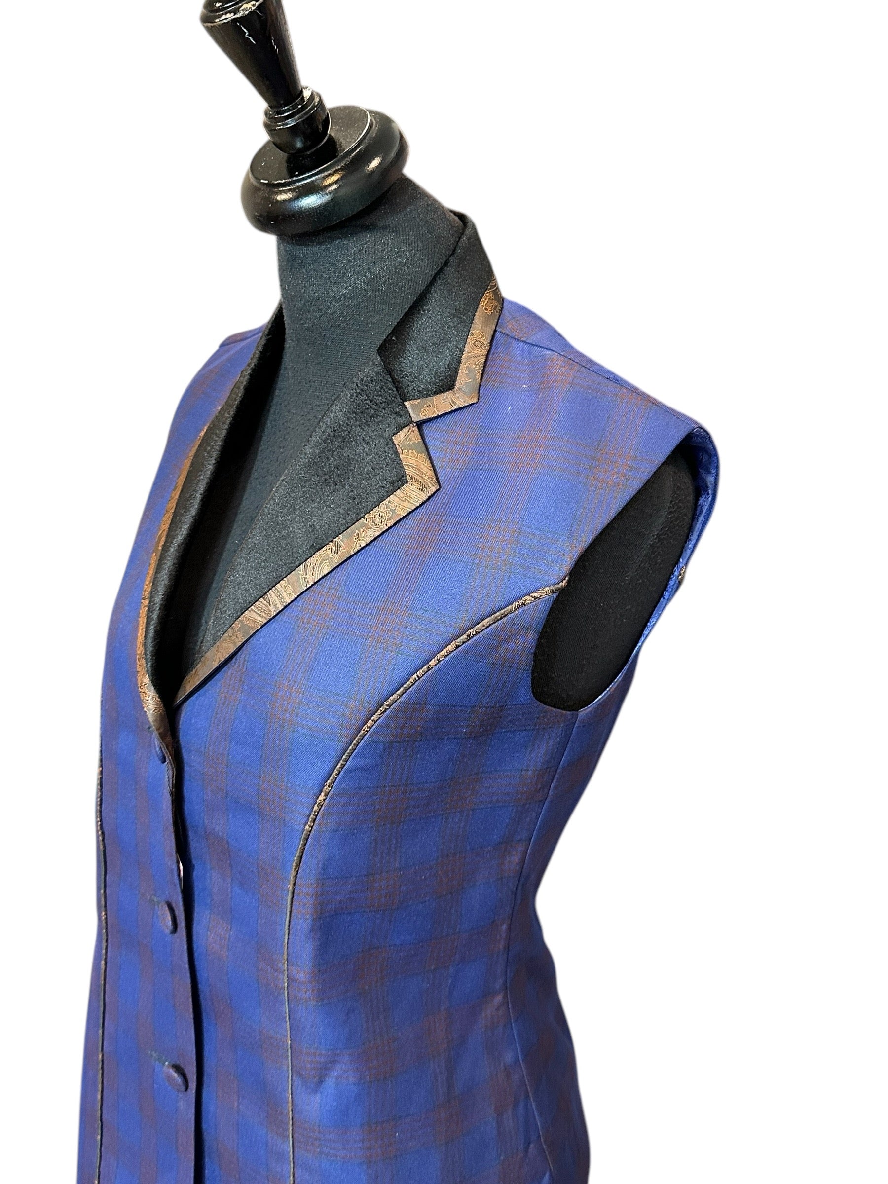 Western Vest Blue and Bronze Plaid