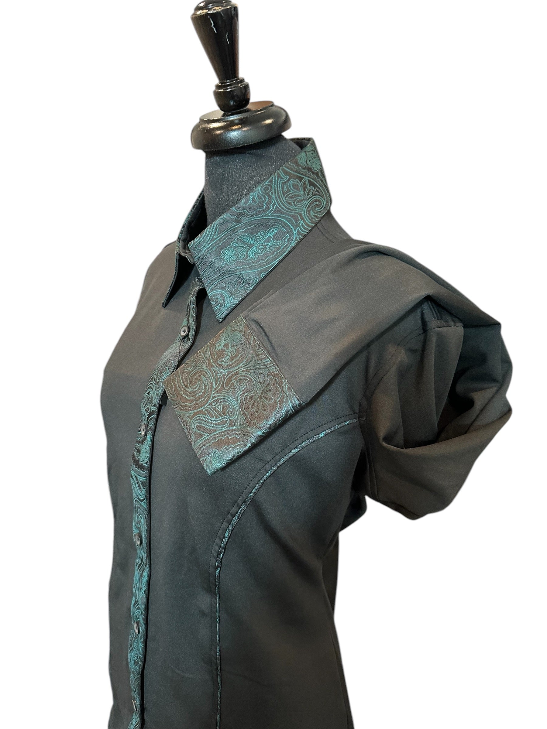 Western Button Up Black with Four Way “STRETCH” and Hunter Green Silk Accents