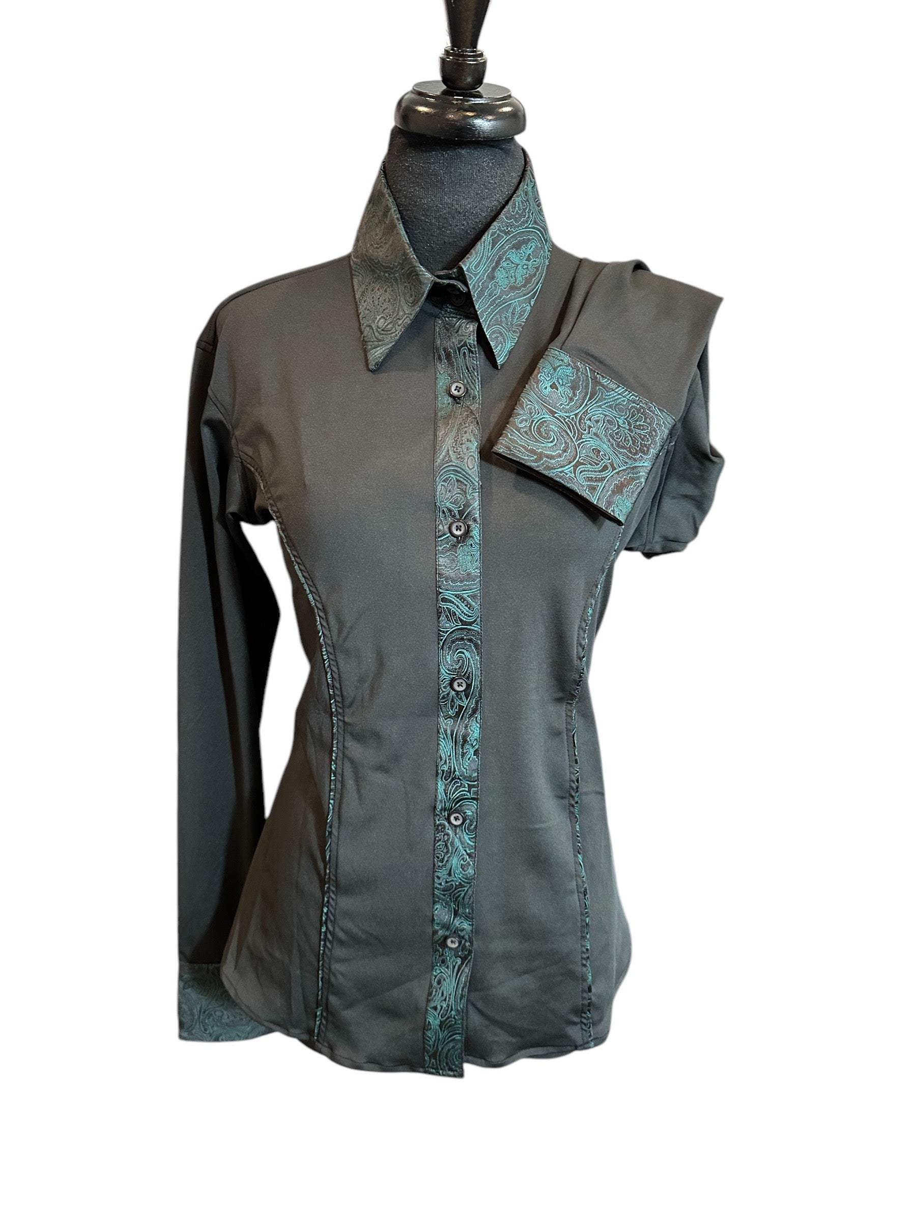 Western Button Up Black with Four Way “STRETCH” and Hunter Green Silk Accents