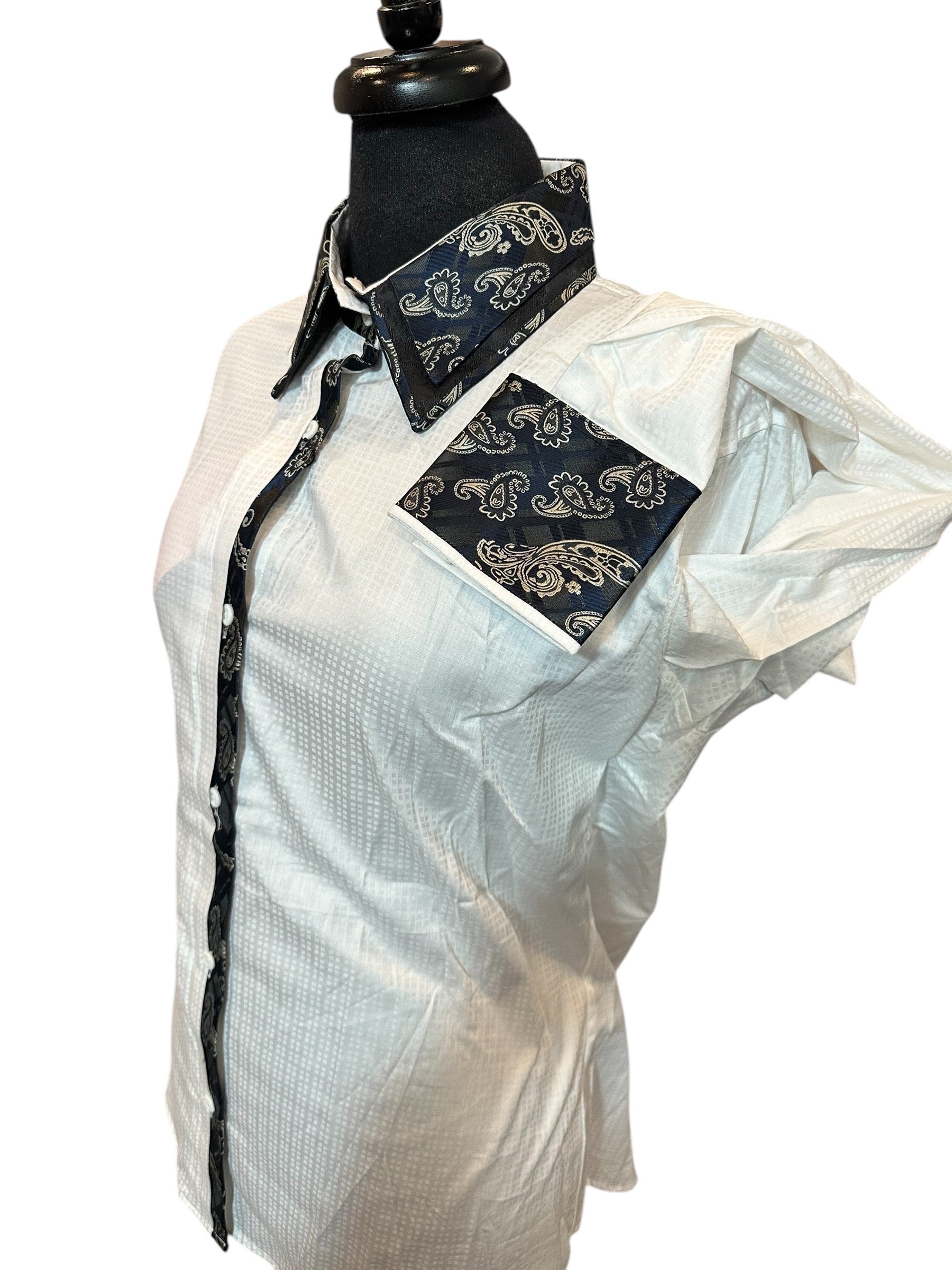 Western Button Up White with Two Way “STRETCH” and Navy Accents