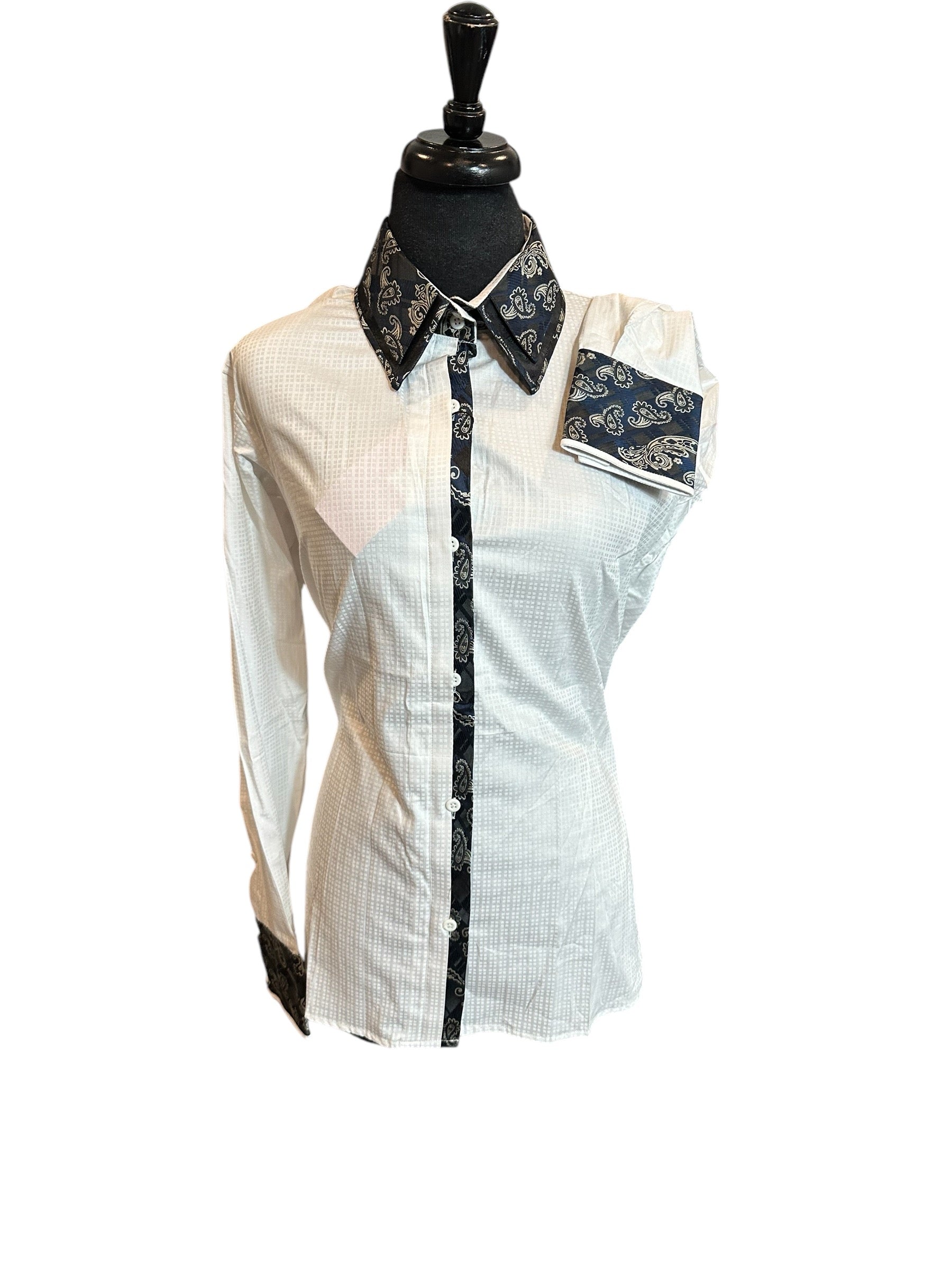 Western Button Up White with Two Way “STRETCH” and Navy Accents
