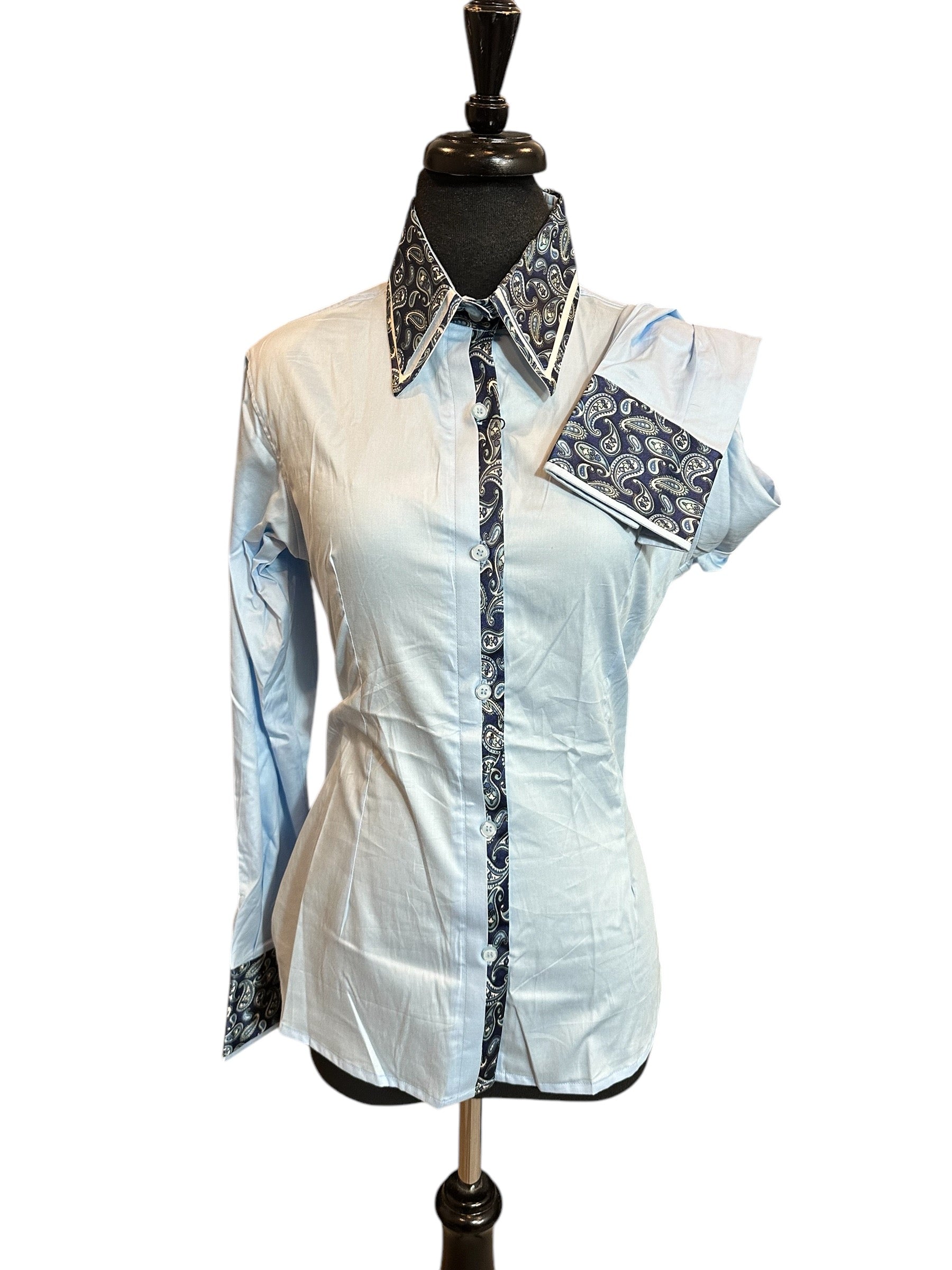 Western Button Up Light Blue with Navy Paisley Accents