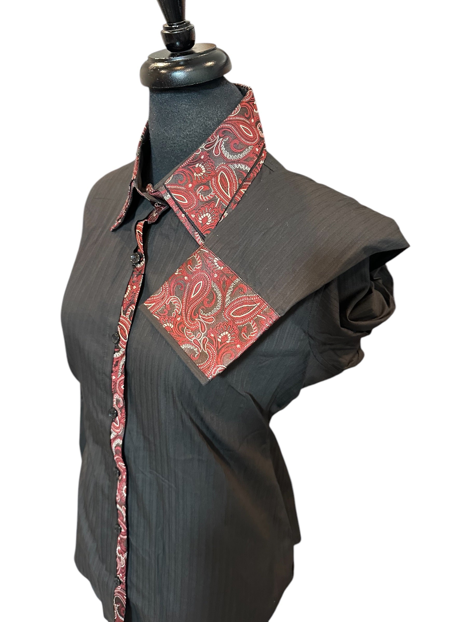 Western Button Up Black Burgundy Silk Accents