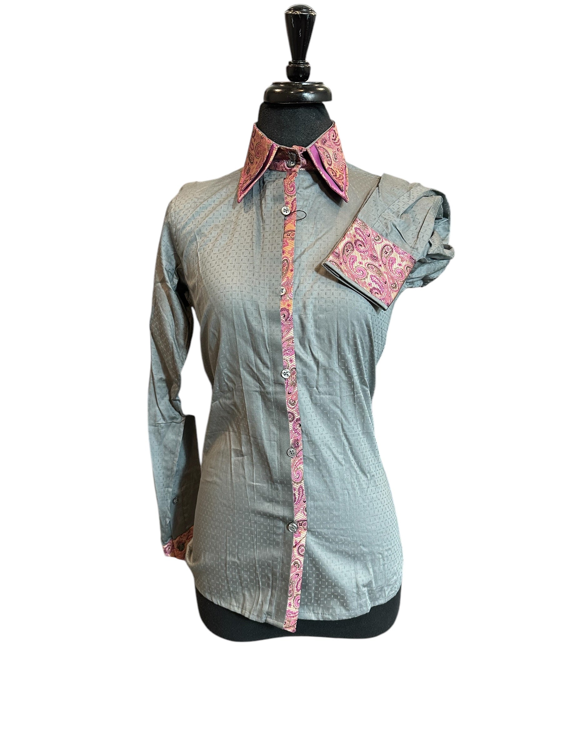 Western Button Up Light Grey with Pink Silk Accents