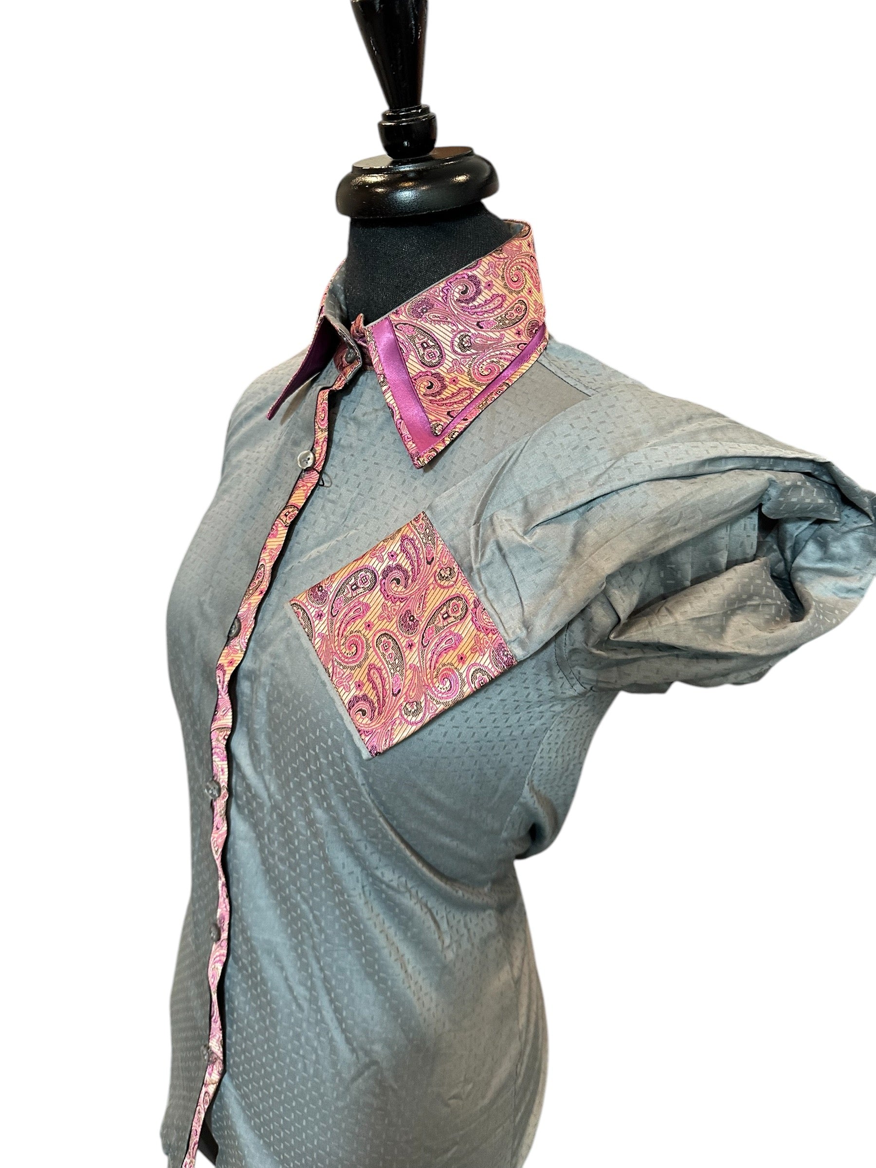 Western Button Up Light Grey with Pink Silk Accents