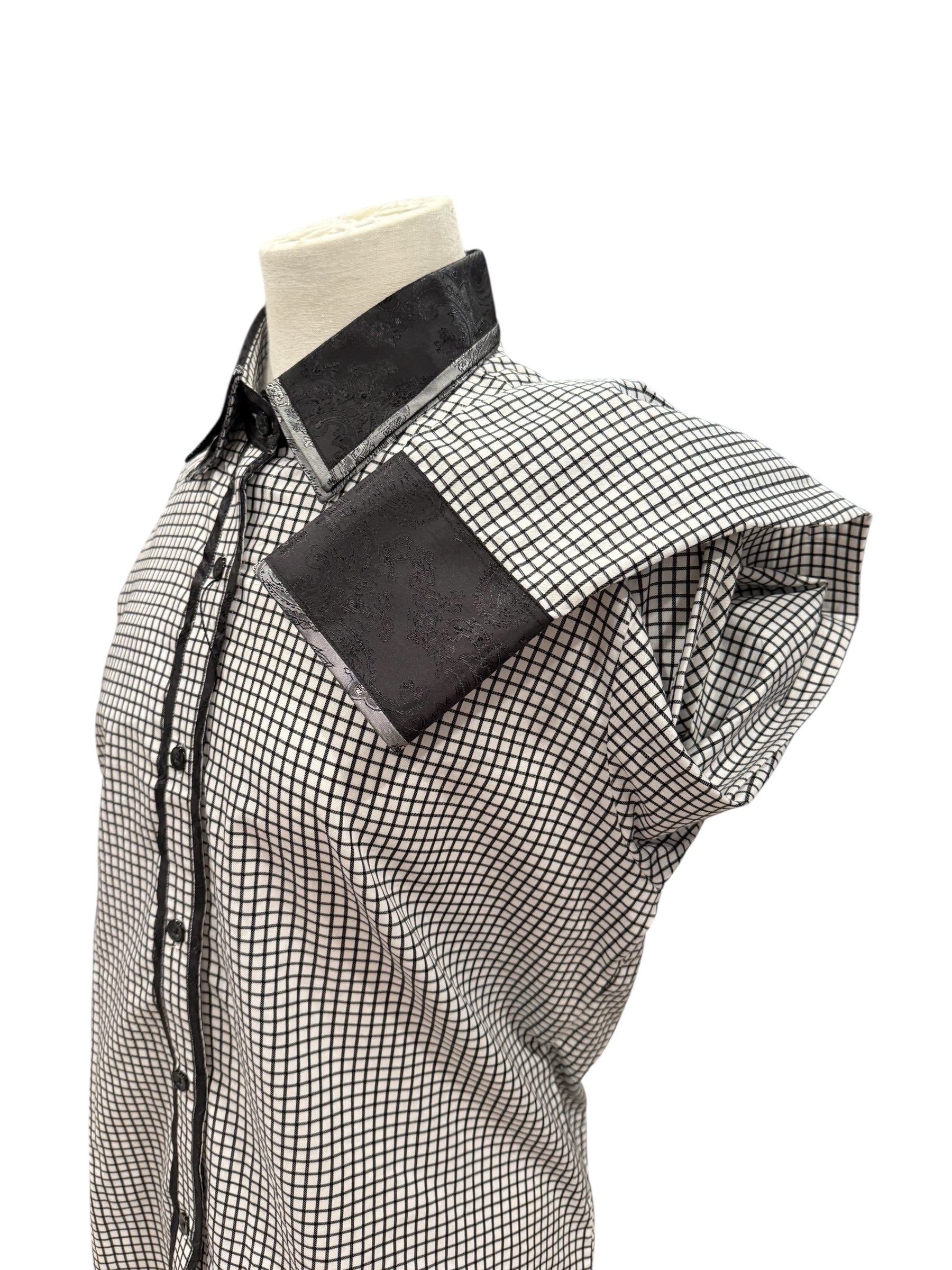 Western Button Up White and Black Plaid with Grey Accents