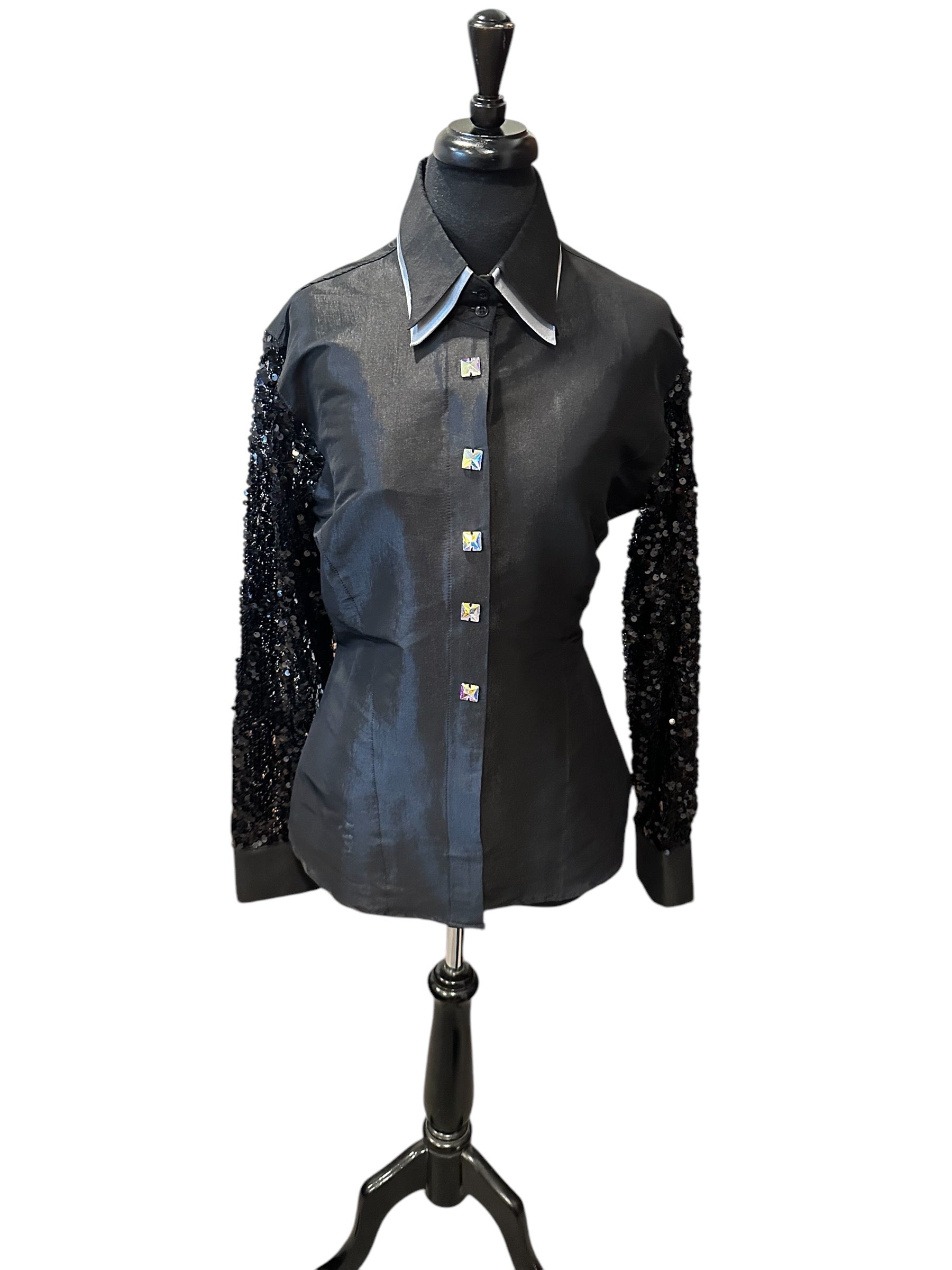 Western Hidden Zipper Shirt with Sheer Arms Stretch Taffeta