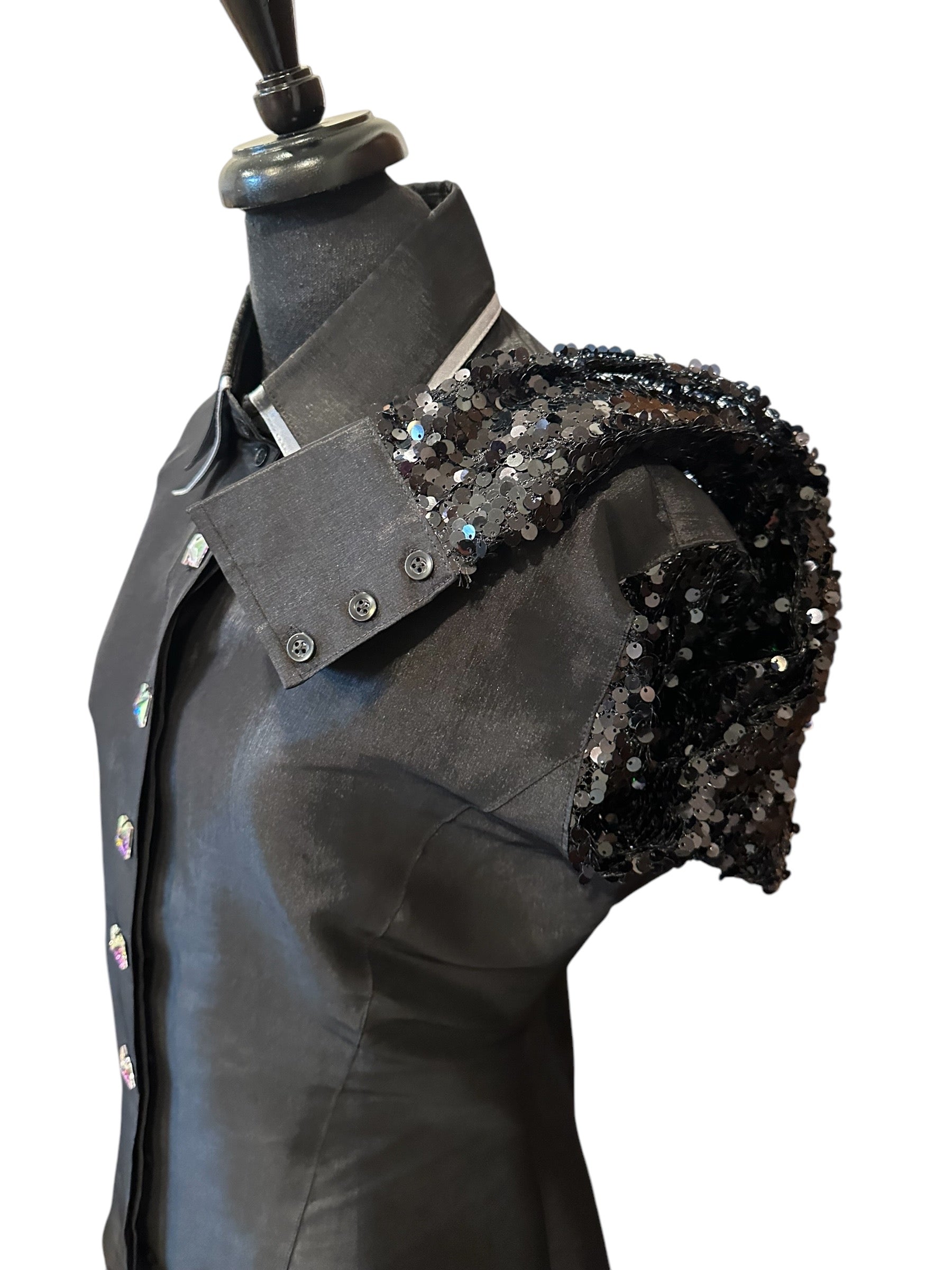 Western Hidden Zipper Shirt with Sheer Arms Stretch Taffeta