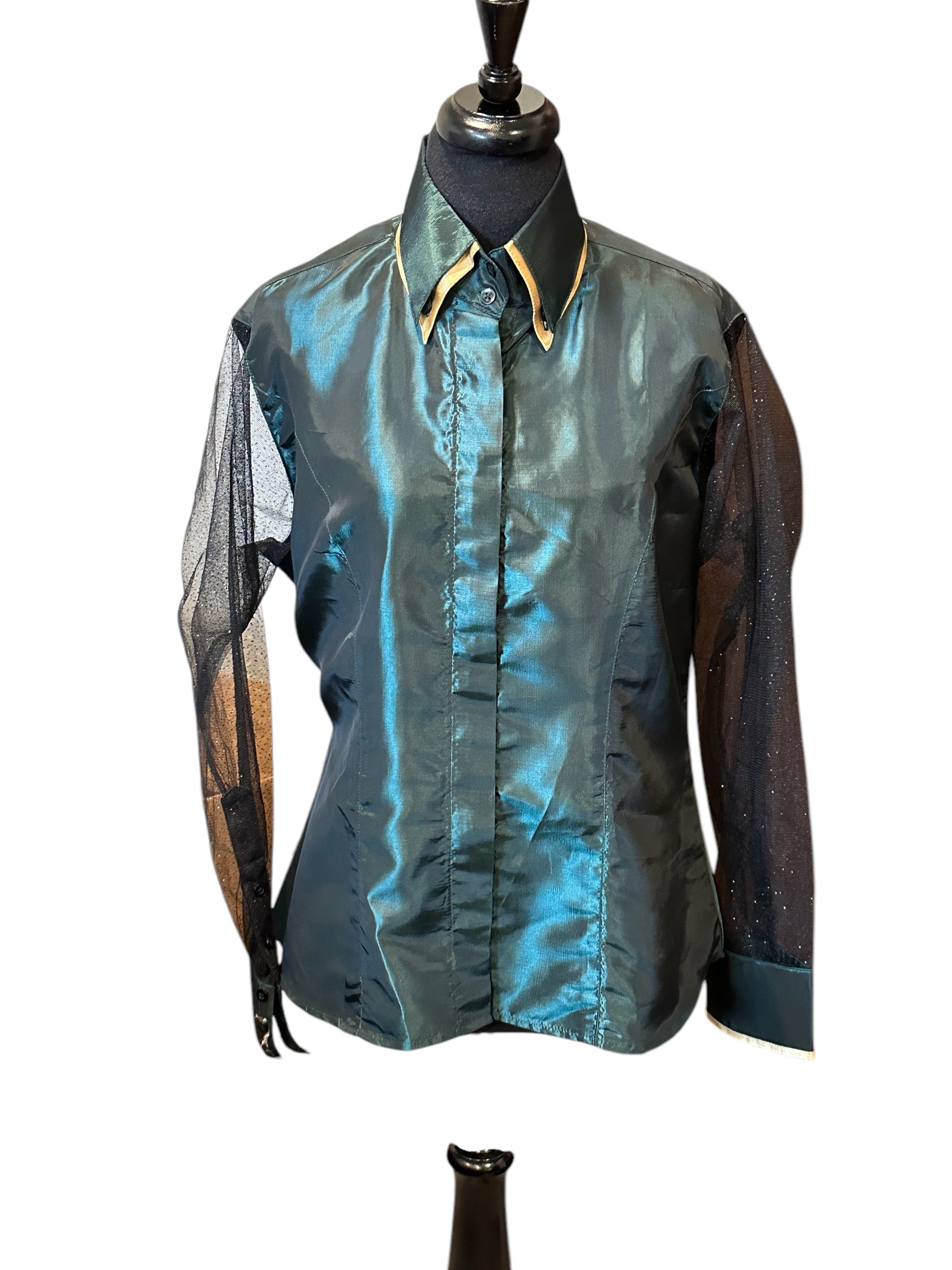 Western Hidden Zipper Hunter Green Satin Sheer Sleeve