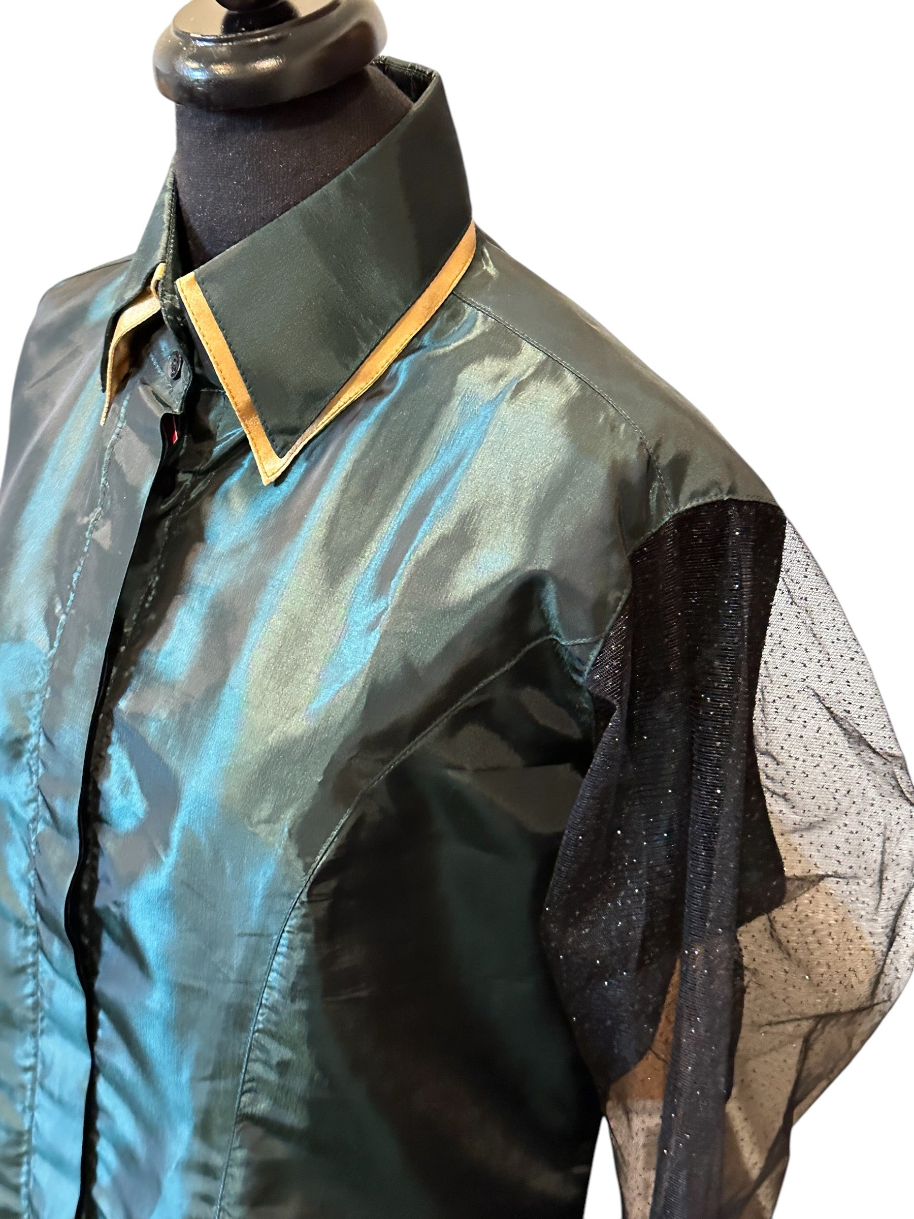 Western Hidden Zipper Hunter Green Satin Sheer Sleeve