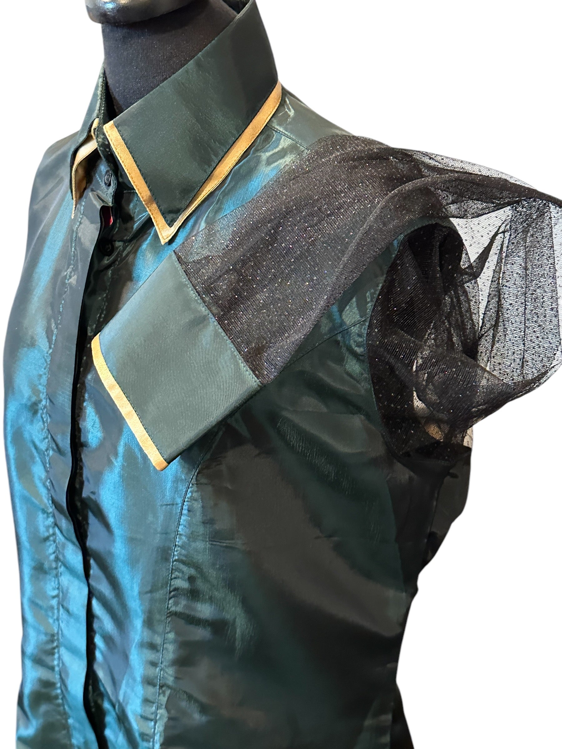 Western Hidden Zipper Hunter Green Satin Sheer Sleeve