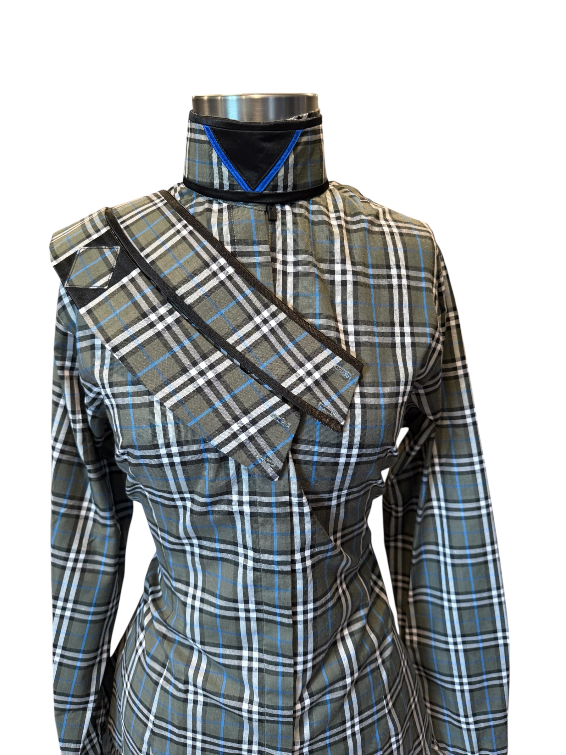 English Show Shirt Grey, Black and Royal Blue Plaid Fabric Code J59