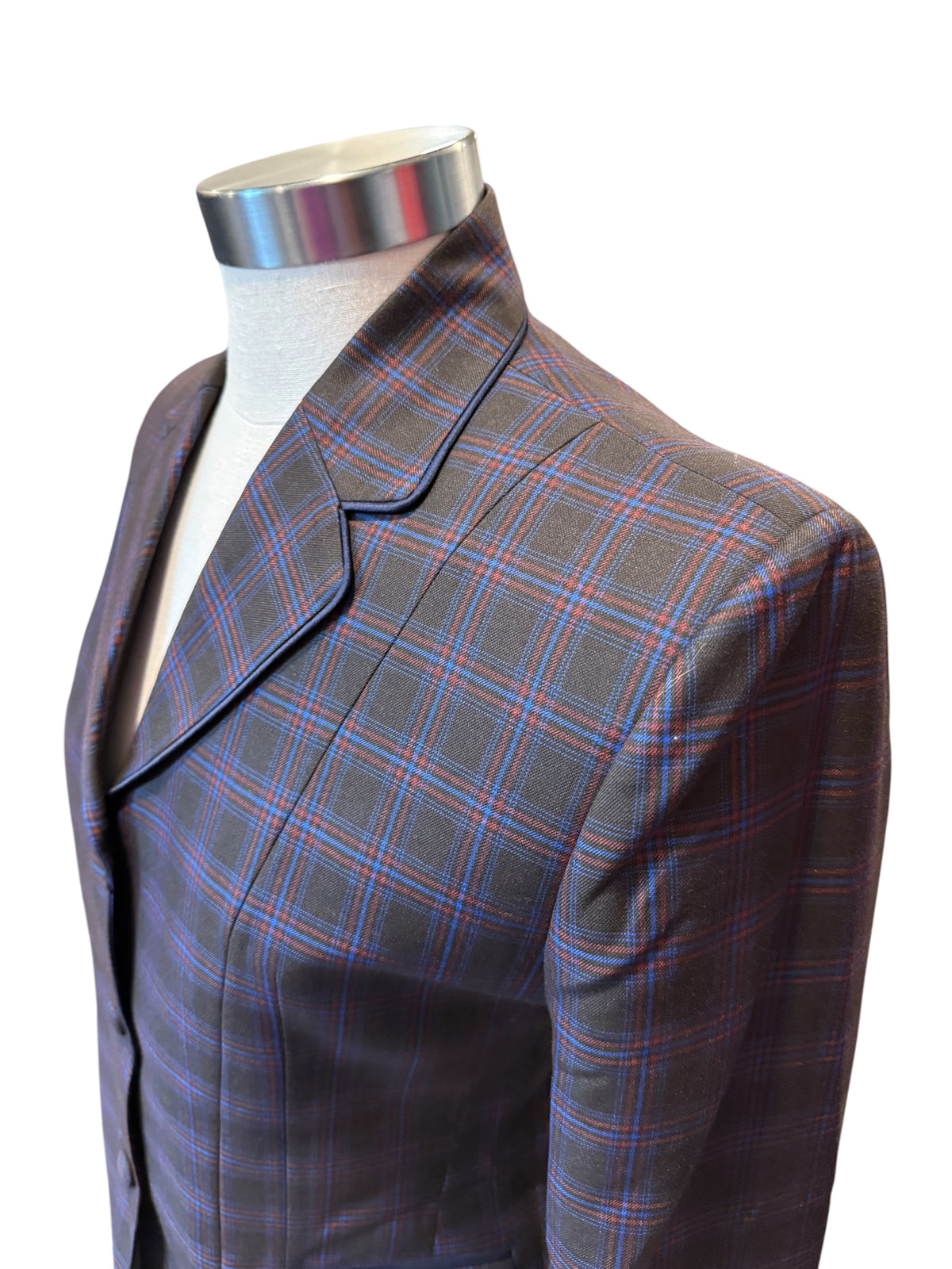 English Show Coat The Milford Bladk with burgundy and blue plaid “Hidden Zipper”