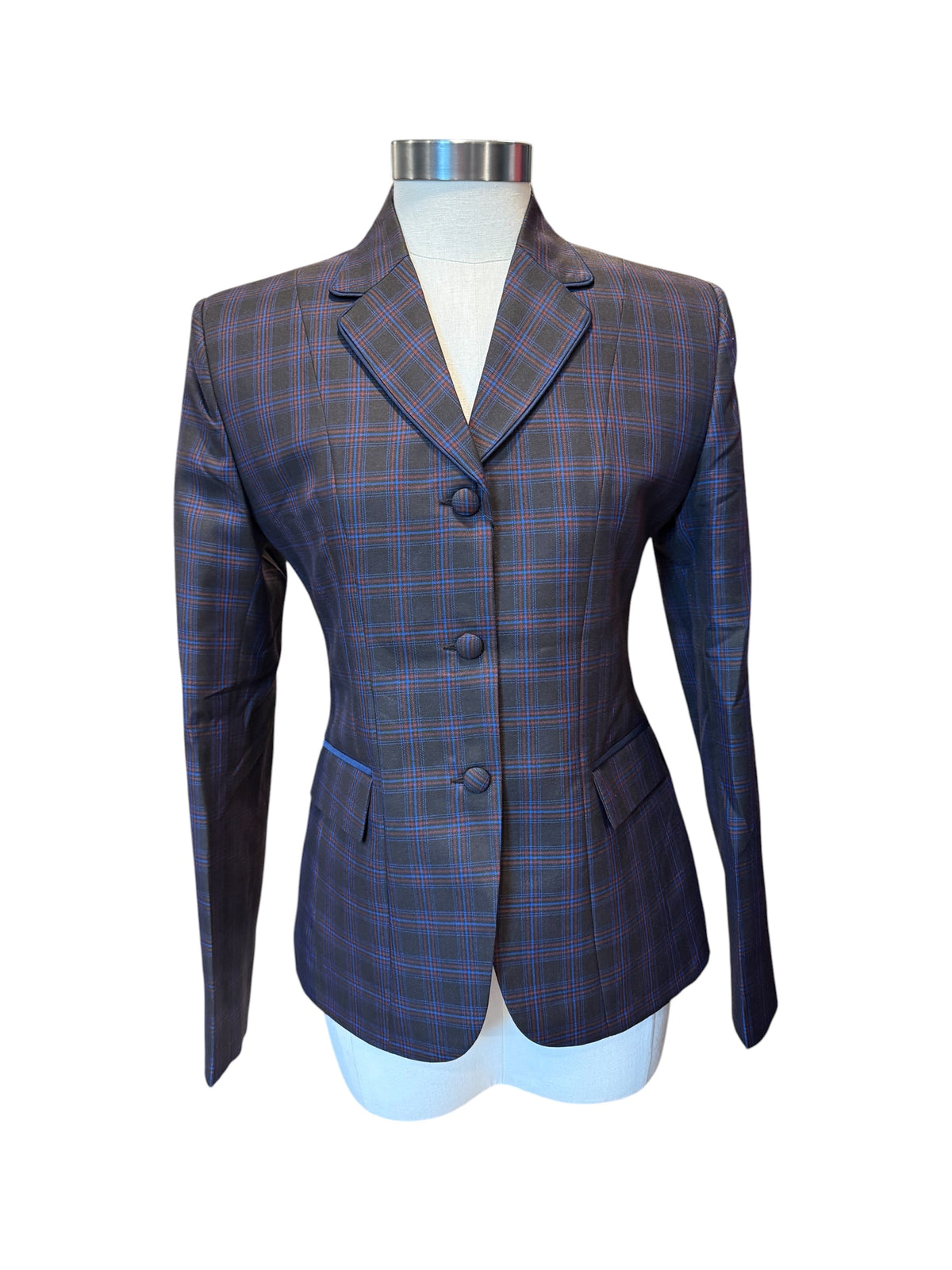 English Show Coat The Milford Bladk with burgundy and blue plaid “Hidden Zipper”