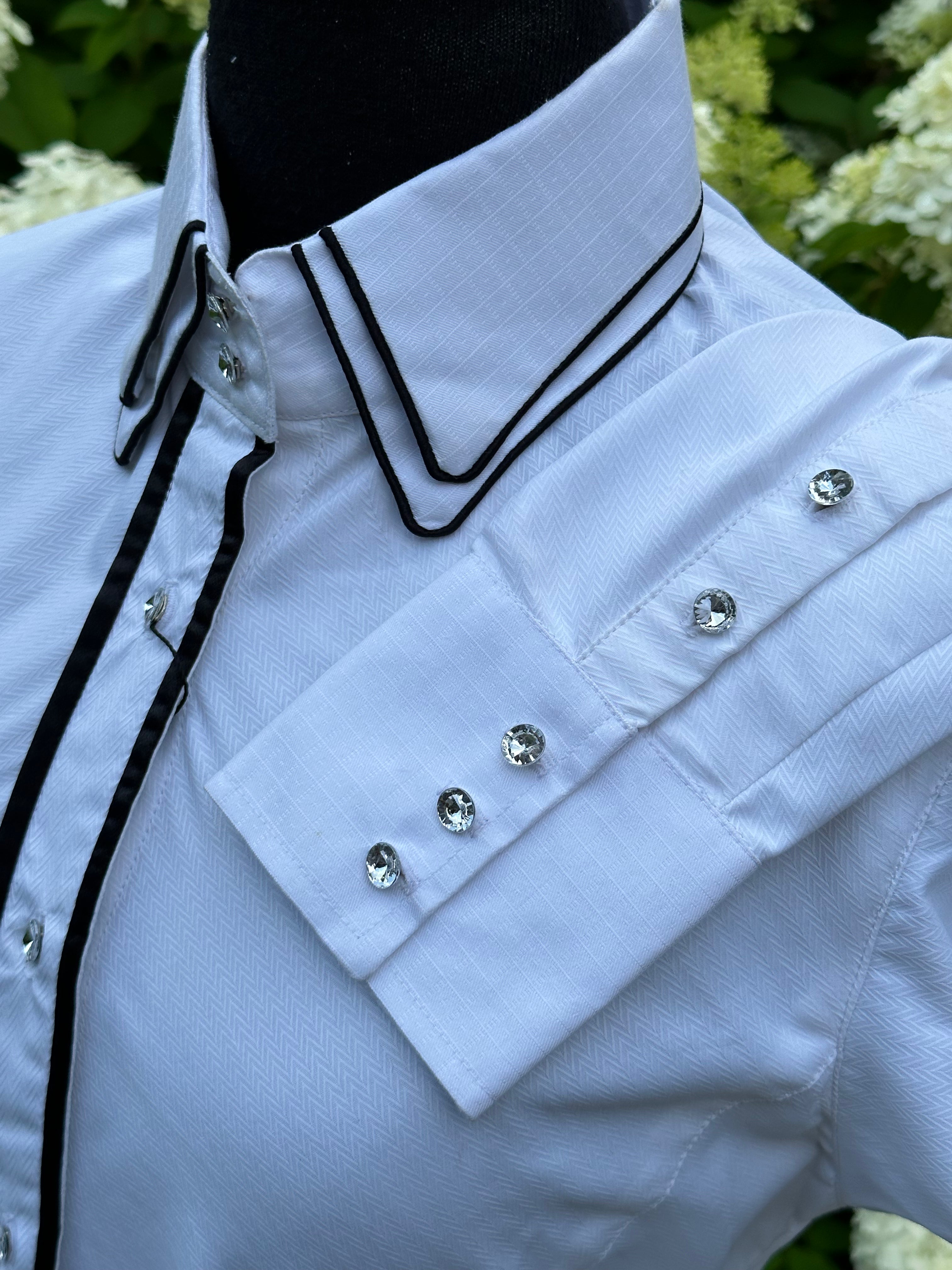 Western Button Up White with black and Crystal Buttons