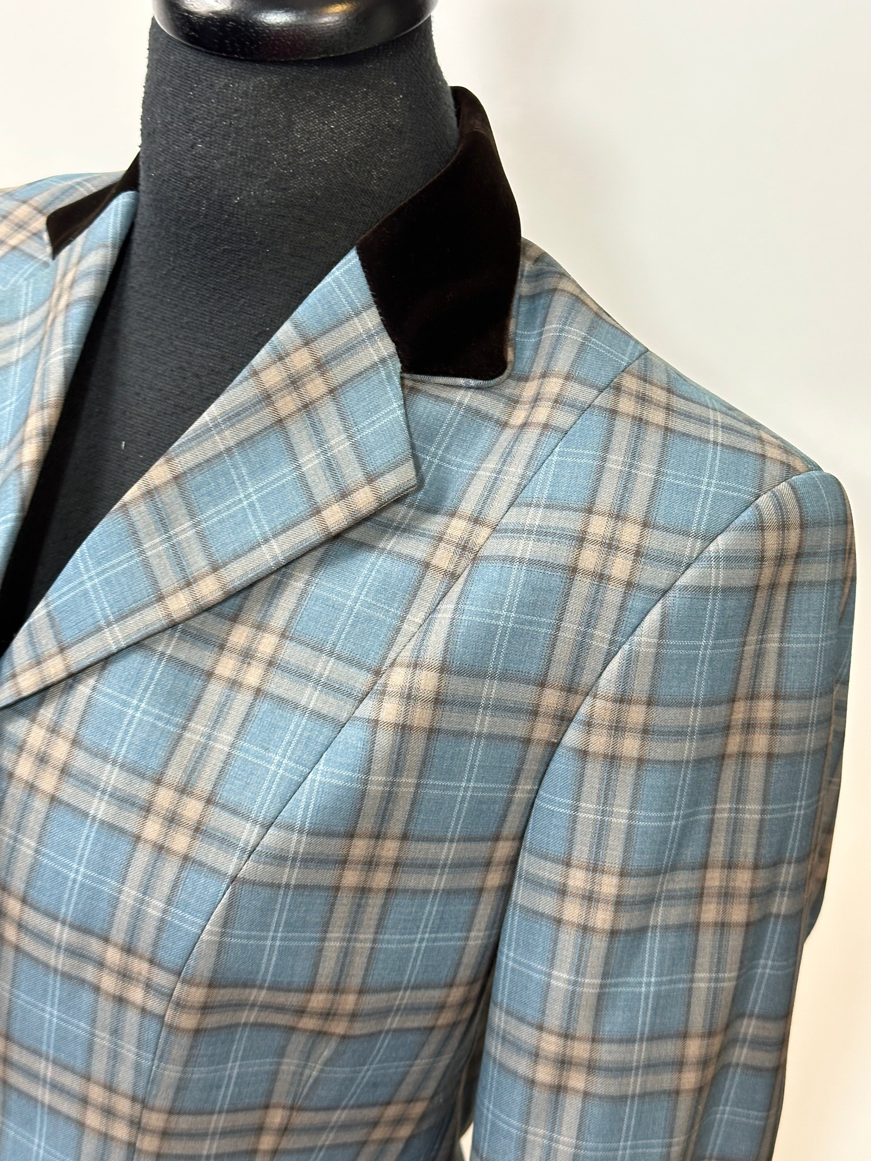 English Show Coat Teal Blue Brown Plaid Fabric Code CAR701078