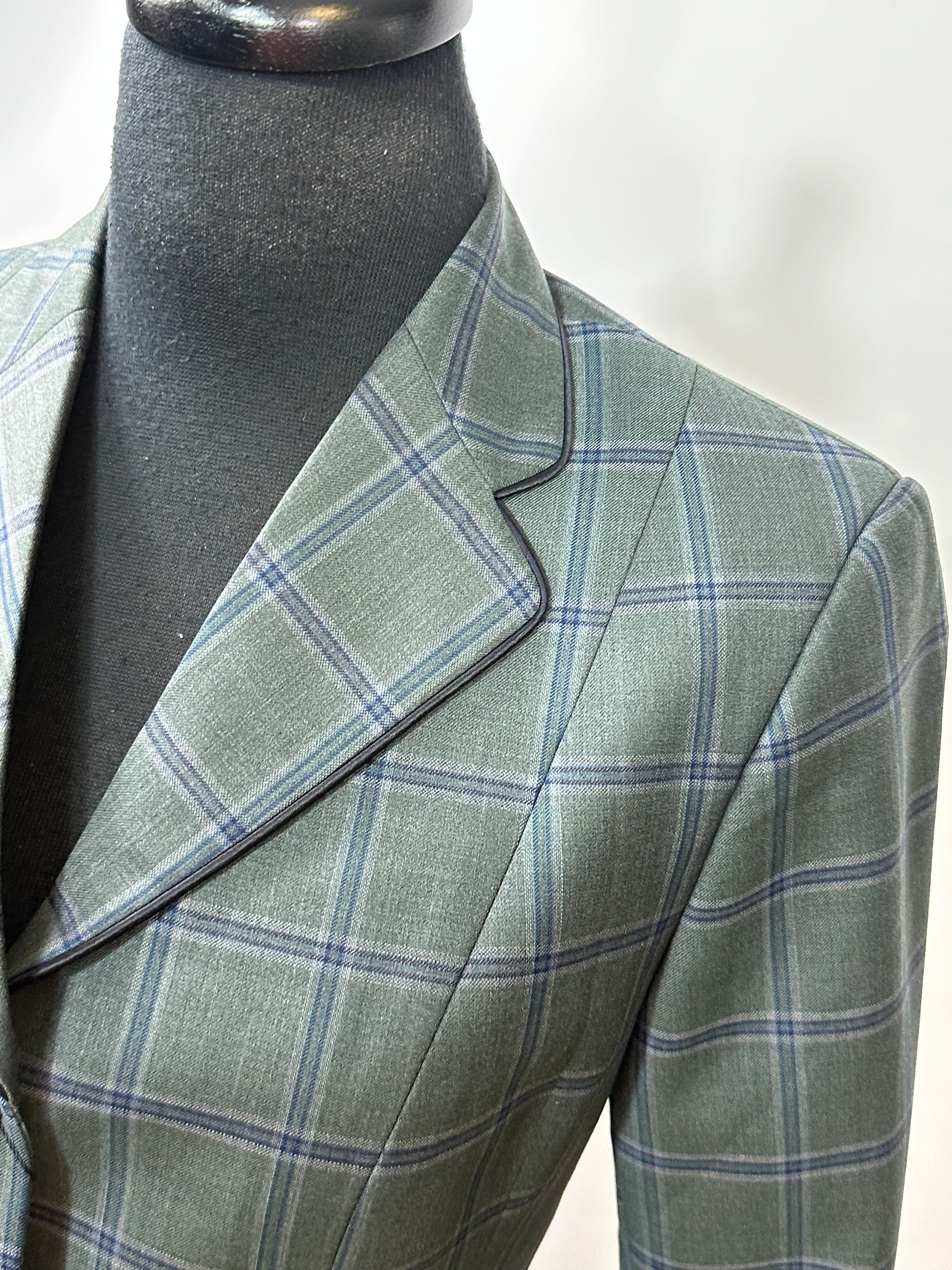 English Show Coat Green with Blue Windowpane Plaid Fabric Code CAR701181
