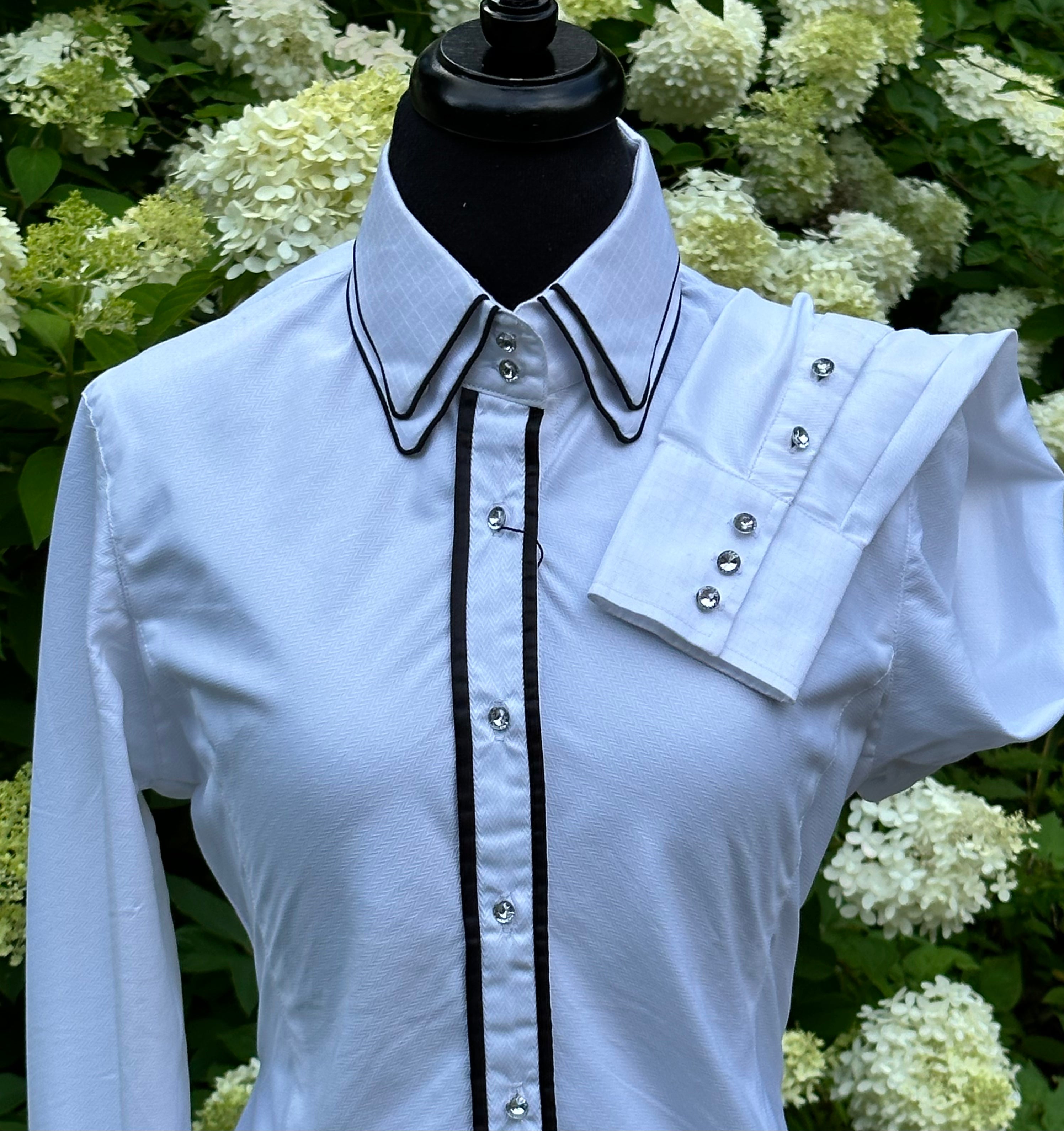 Western Button Up White with black and Crystal Buttons