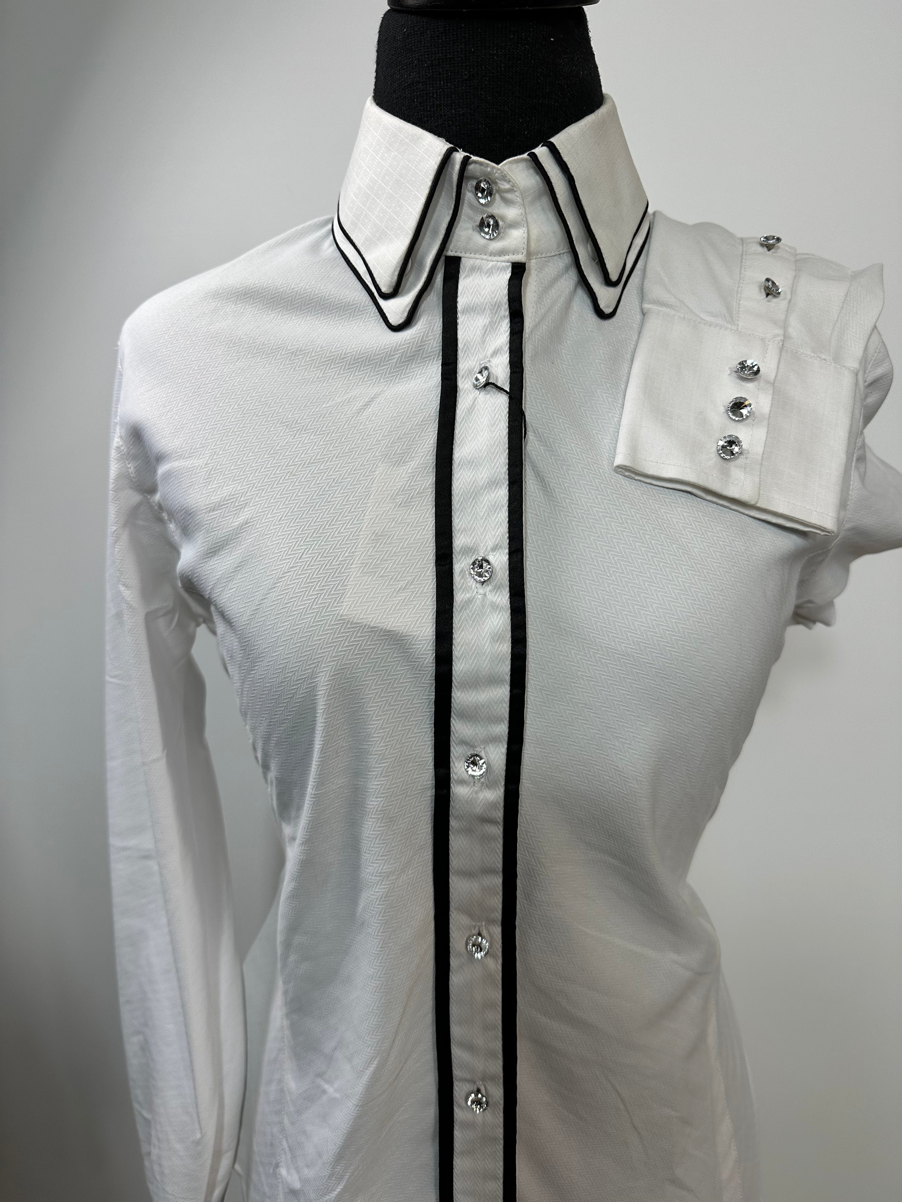 Western Button Up White with black and Crystal Buttons