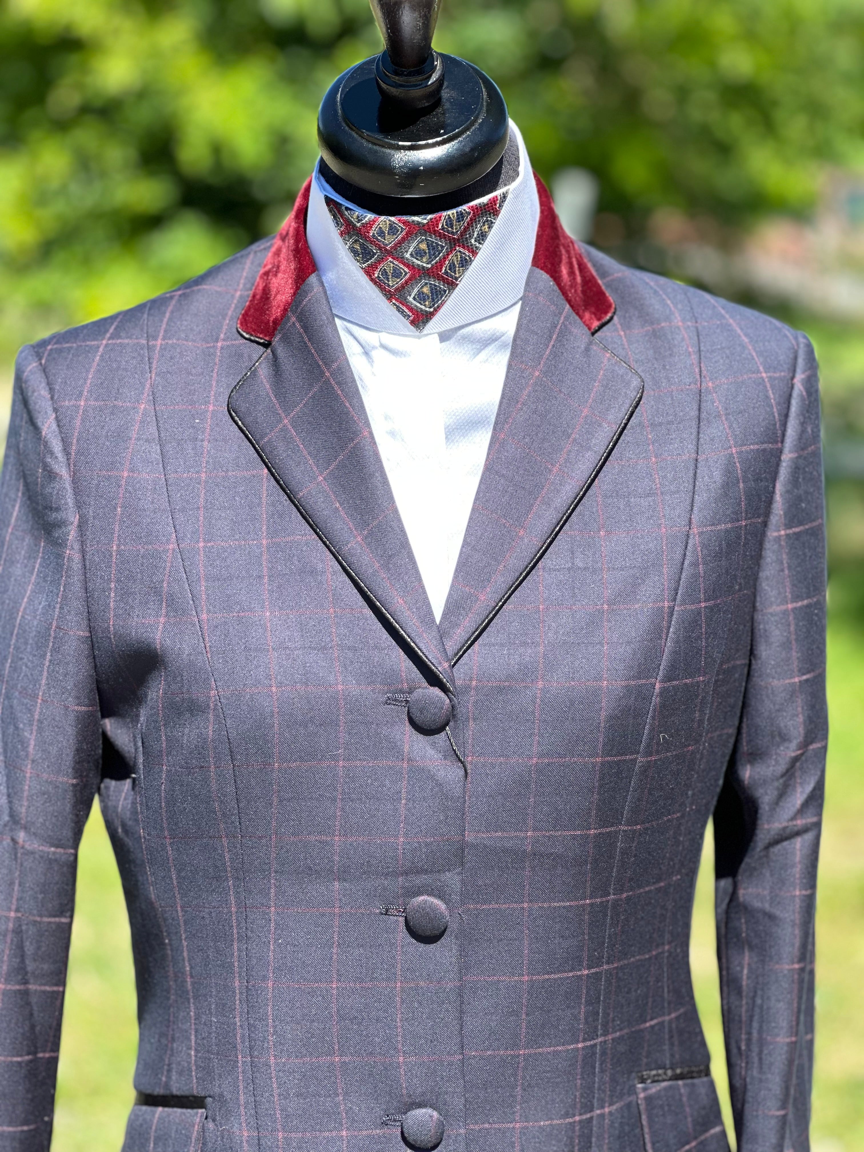 English Show Coat Deep Navy with Burgundy Windowpane Fabric Code SJ-57