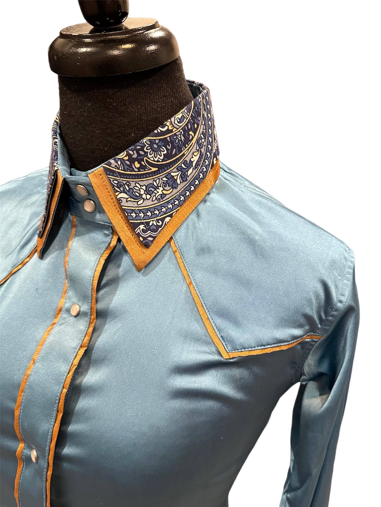 Stretch Satin Western Shirt Light blue with Navy and Gold Accents