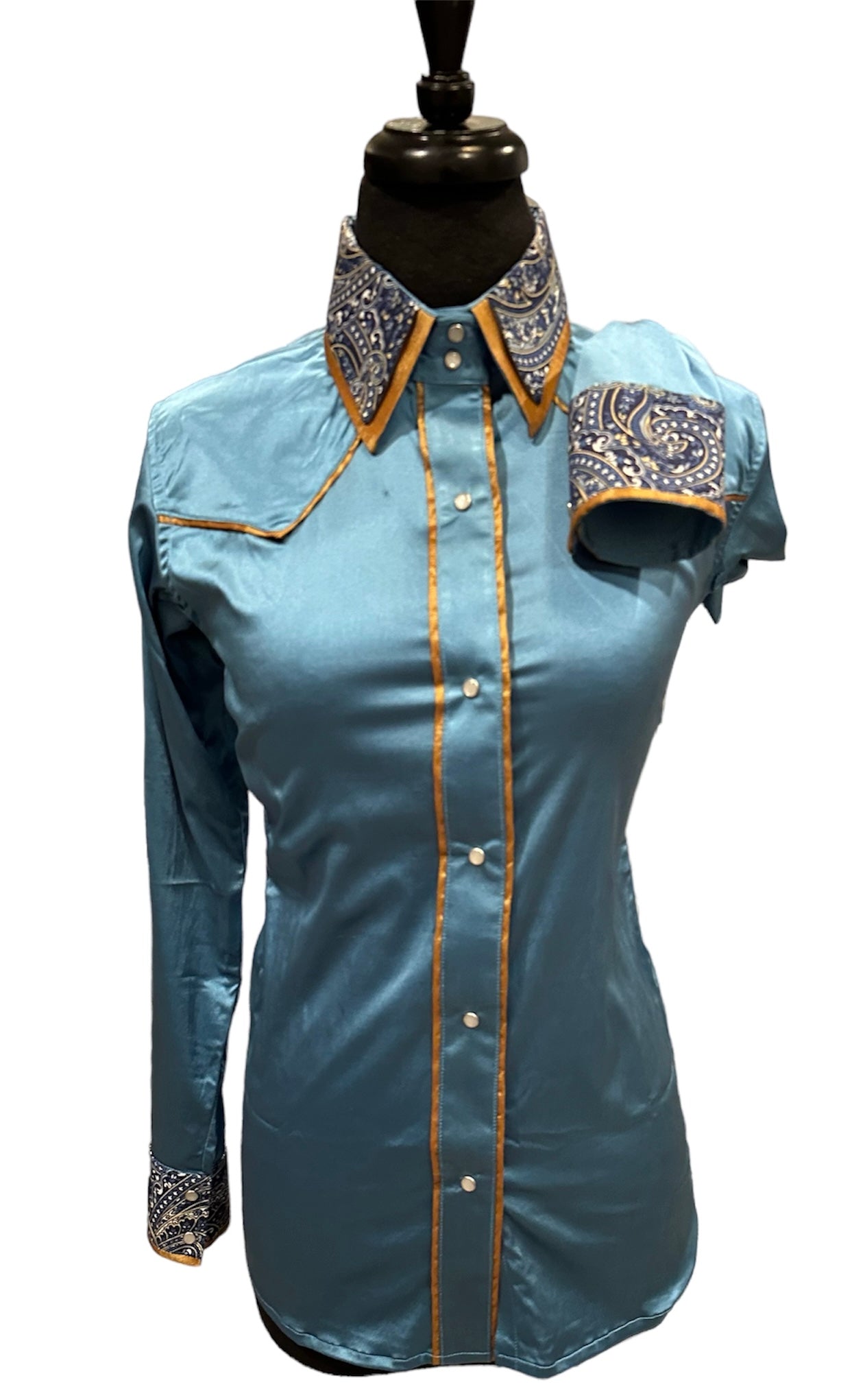 Stretch Satin Western Shirt Light blue with Navy and Gold Accents
