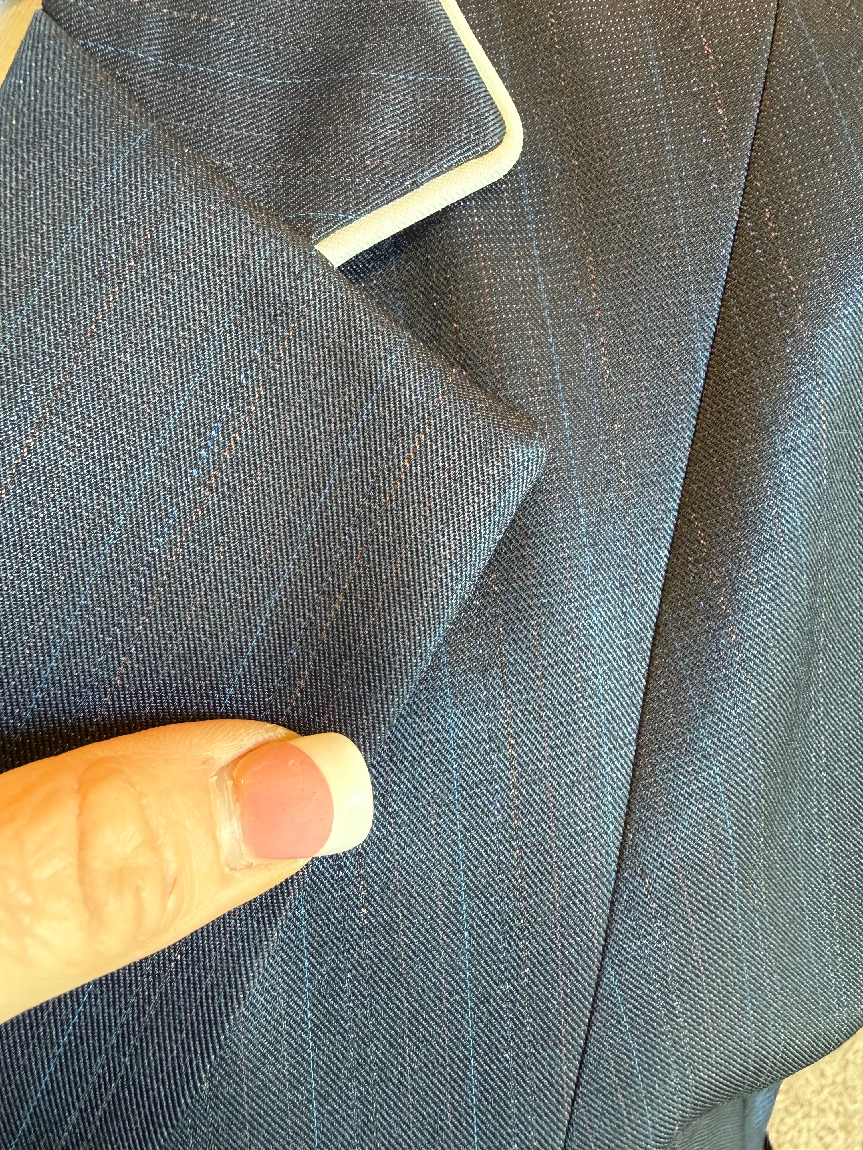 English Show Coat The Xenia Navy with stripe and sparkle thread “Hidden Zipper”