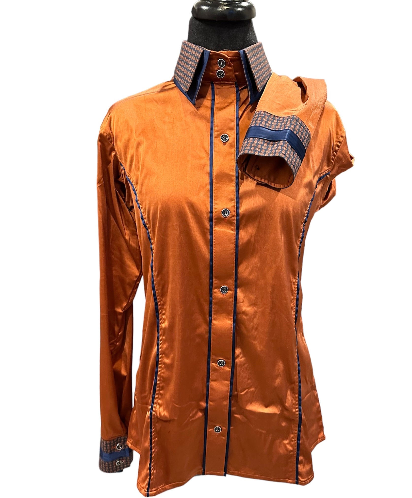 Stretch Satin Western Shirt Rust with Navy Paisley Accents