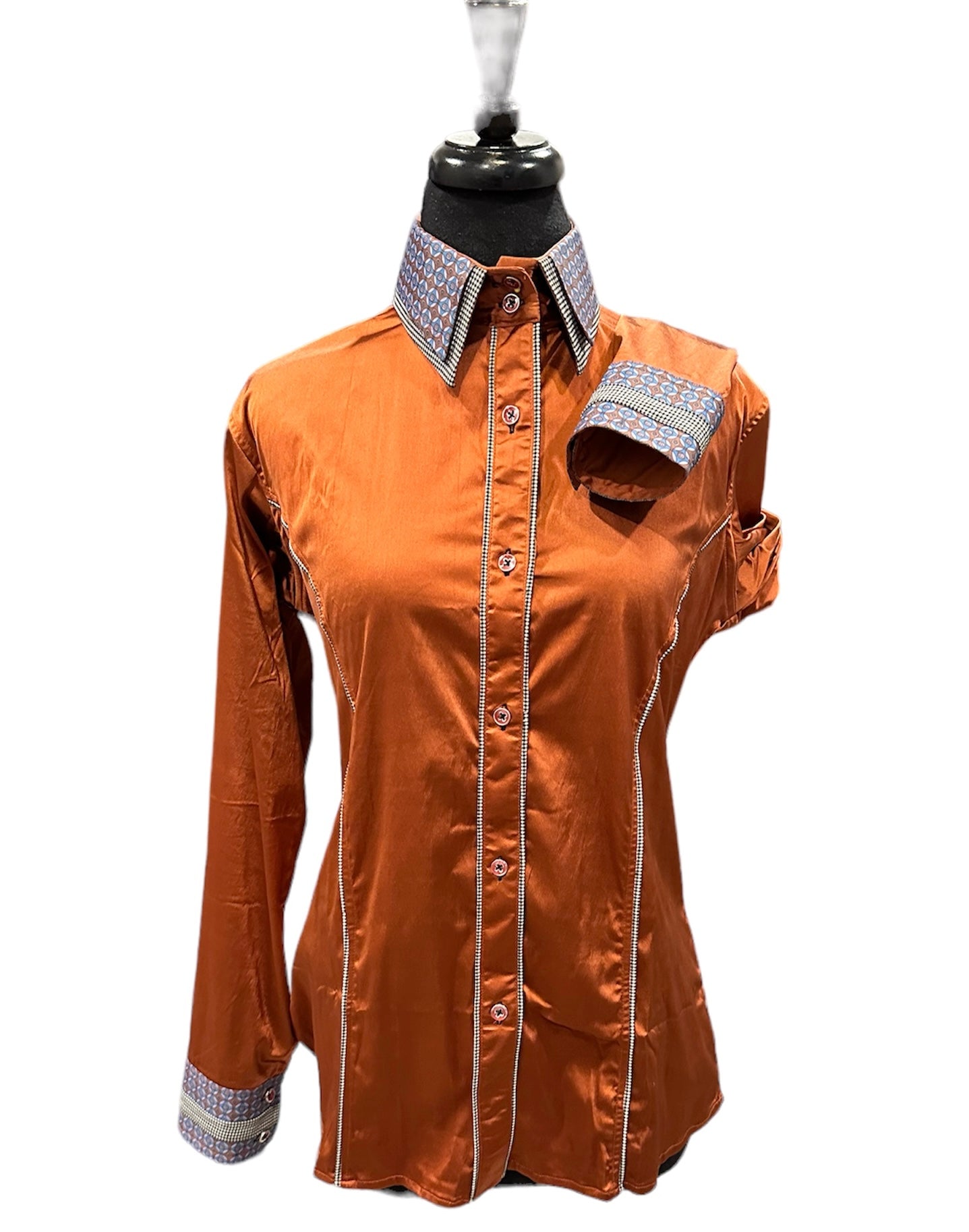 Stretch Satin Western Shirt Rust with Plaid and Print Design