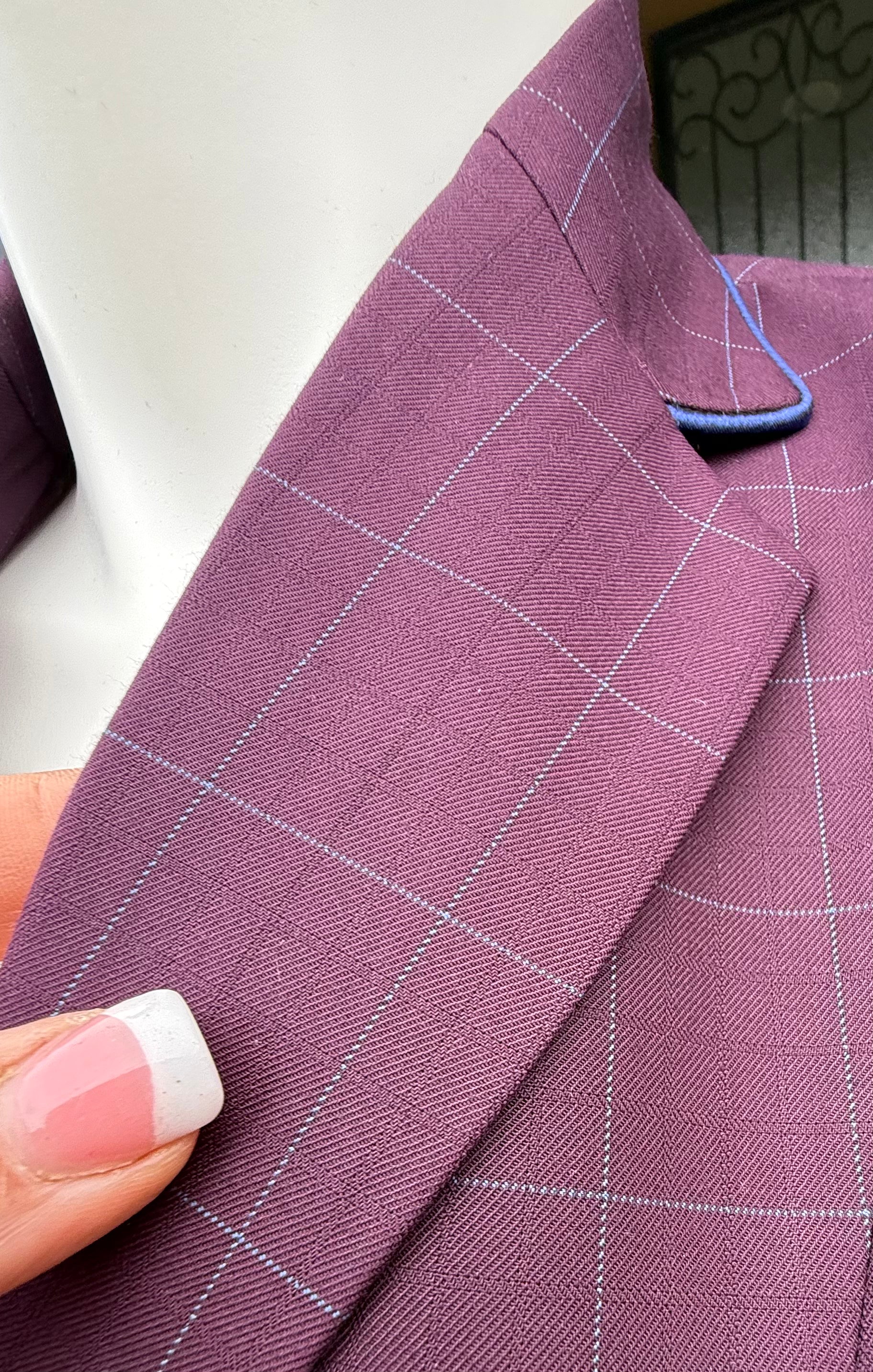 English Show Coat Burgundy with Blue windowpane “Hidden Zipper”