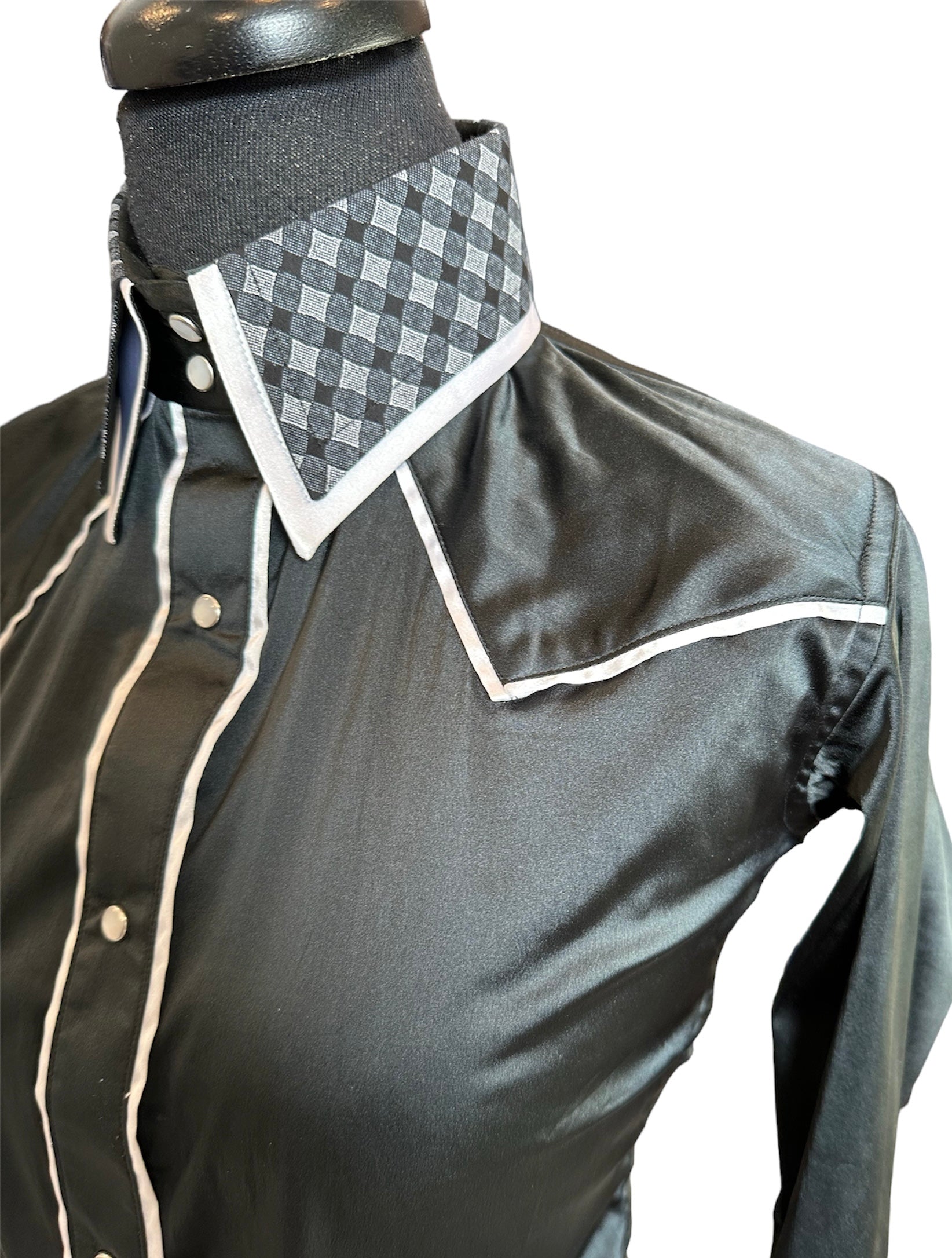 Stretch Satin Ranch Shirt Black and White with Plaid Accents