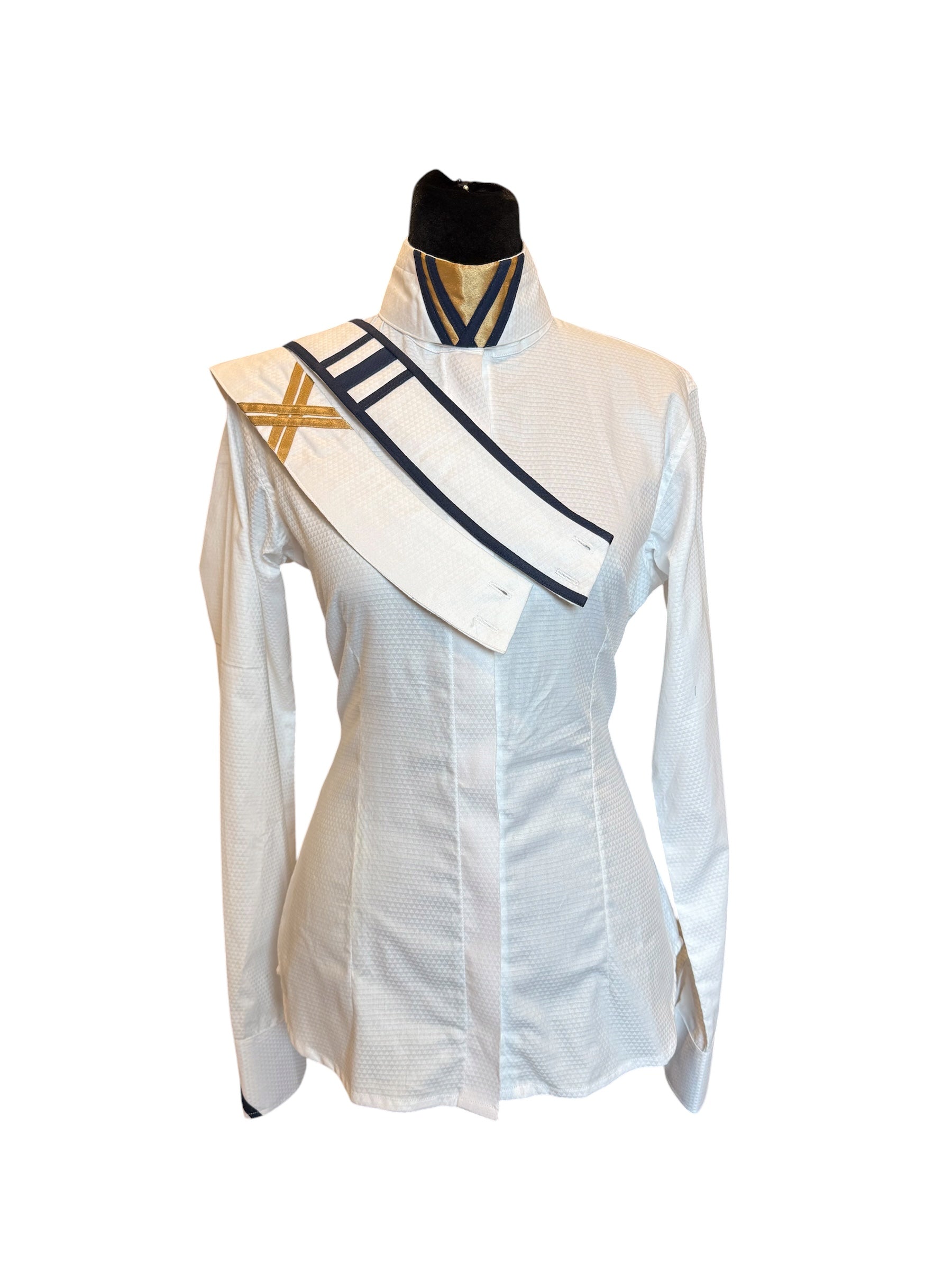 English show shirt with hidden zipper, navy, and gold accents
