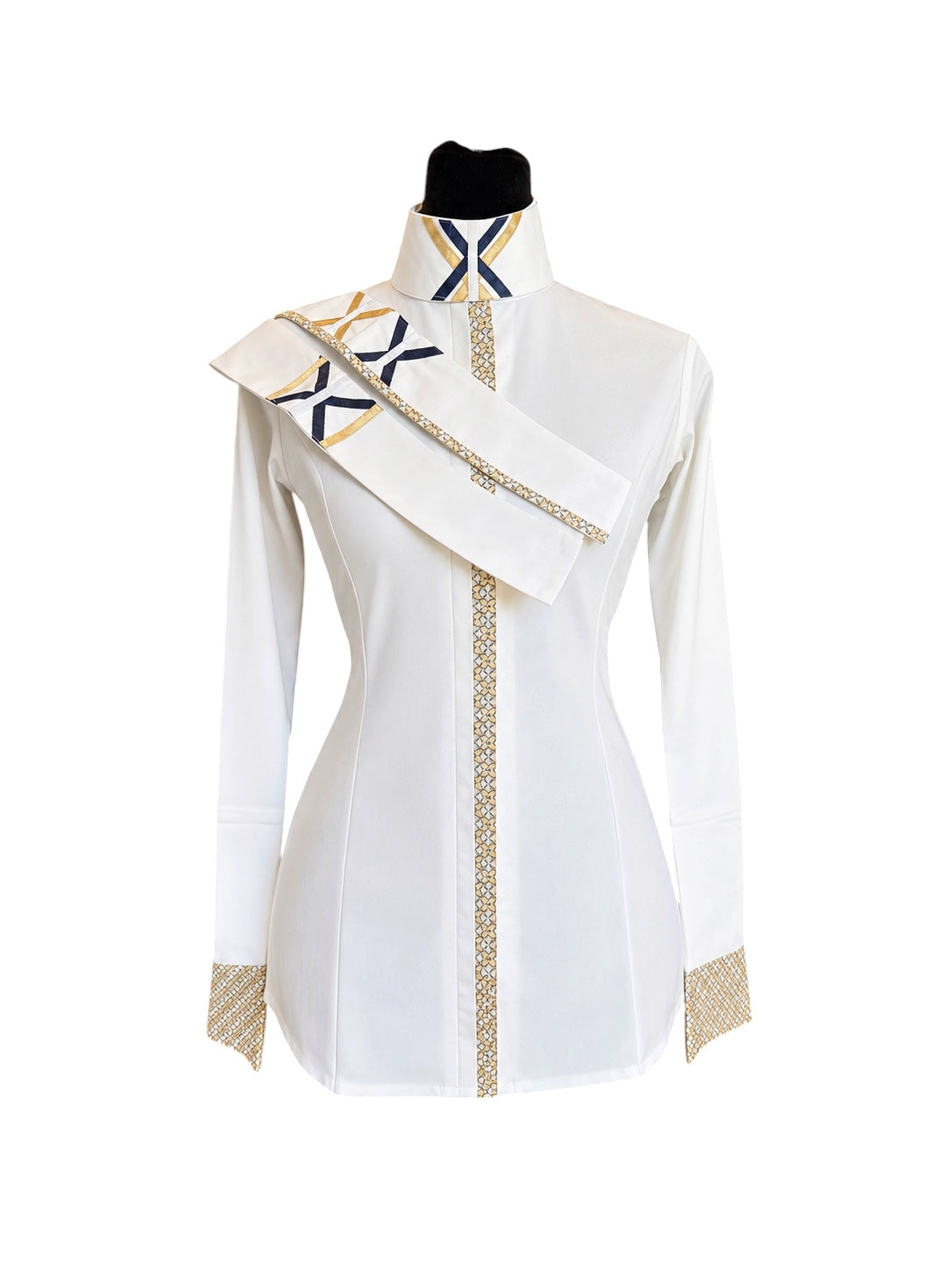 English show shirt  “stretch” with Hidden Zipper Navy and Gold Accents
